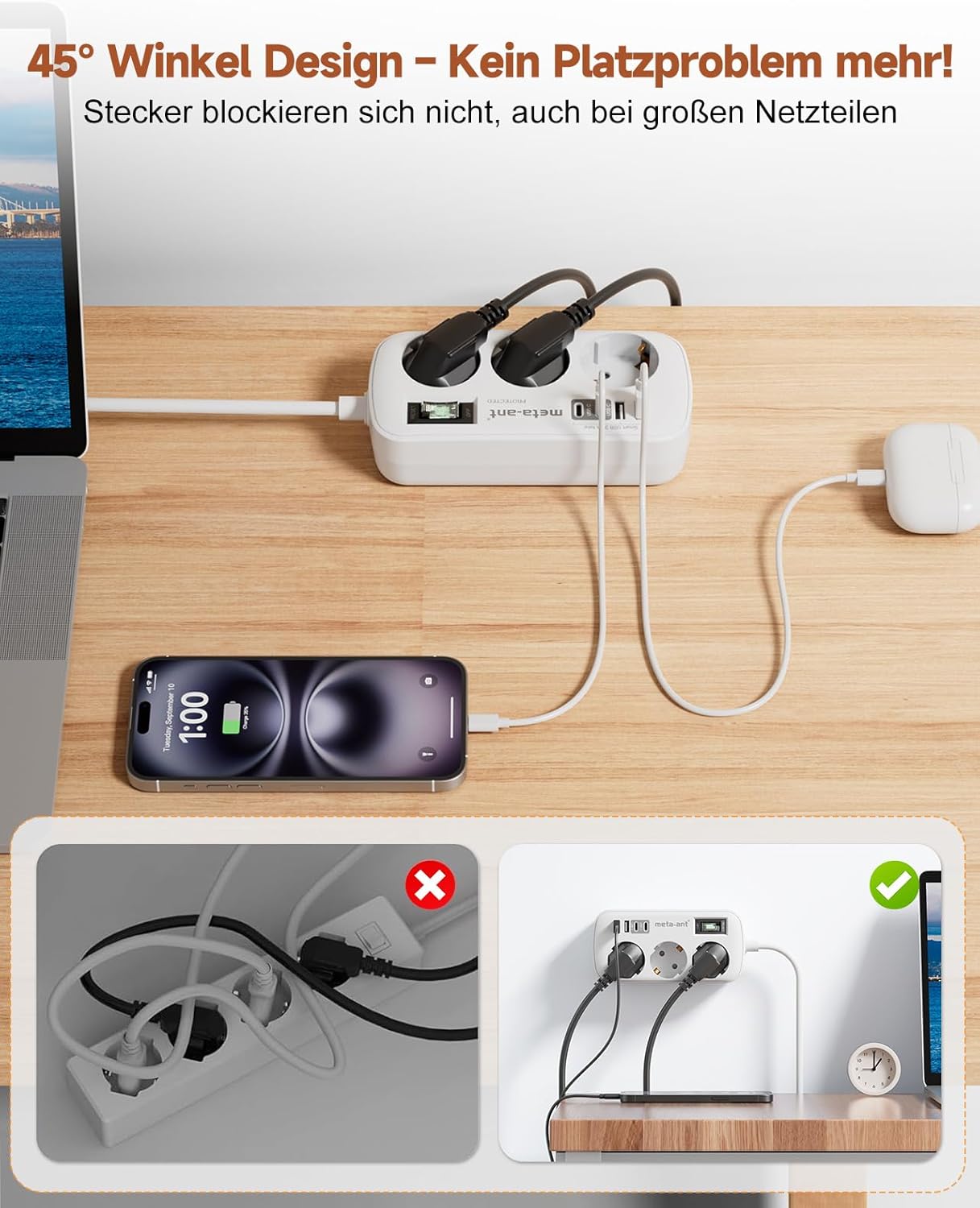 Steckdosenleiste mit USB, 3-fach Steckdosenleiste mit Überspannungsschutz, 4000 W, Steckdose mit 4 USB (2 USB-C), 1,5 m, Wandsteckdosenleiste für Zuhause, Büro, Weiß – Bild 6