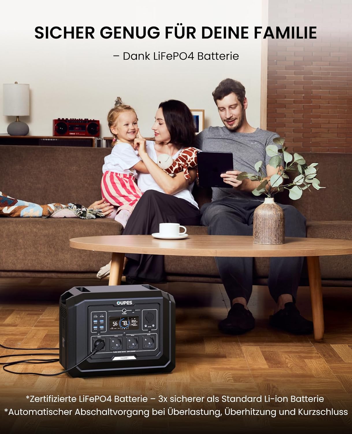 OUPES Mega 1 Tragbares Kraftwerk mit 240-W-Solarpanel, 1024-Wh-Solargenerator, Schnellladung 0-80 % in 36 Minuten, 4 Steckdosen mit 2000 W (4500 W Spitze), erweiterbar auf 5 kWh für Camping, Wohnmobil und Reisen – Bild 6