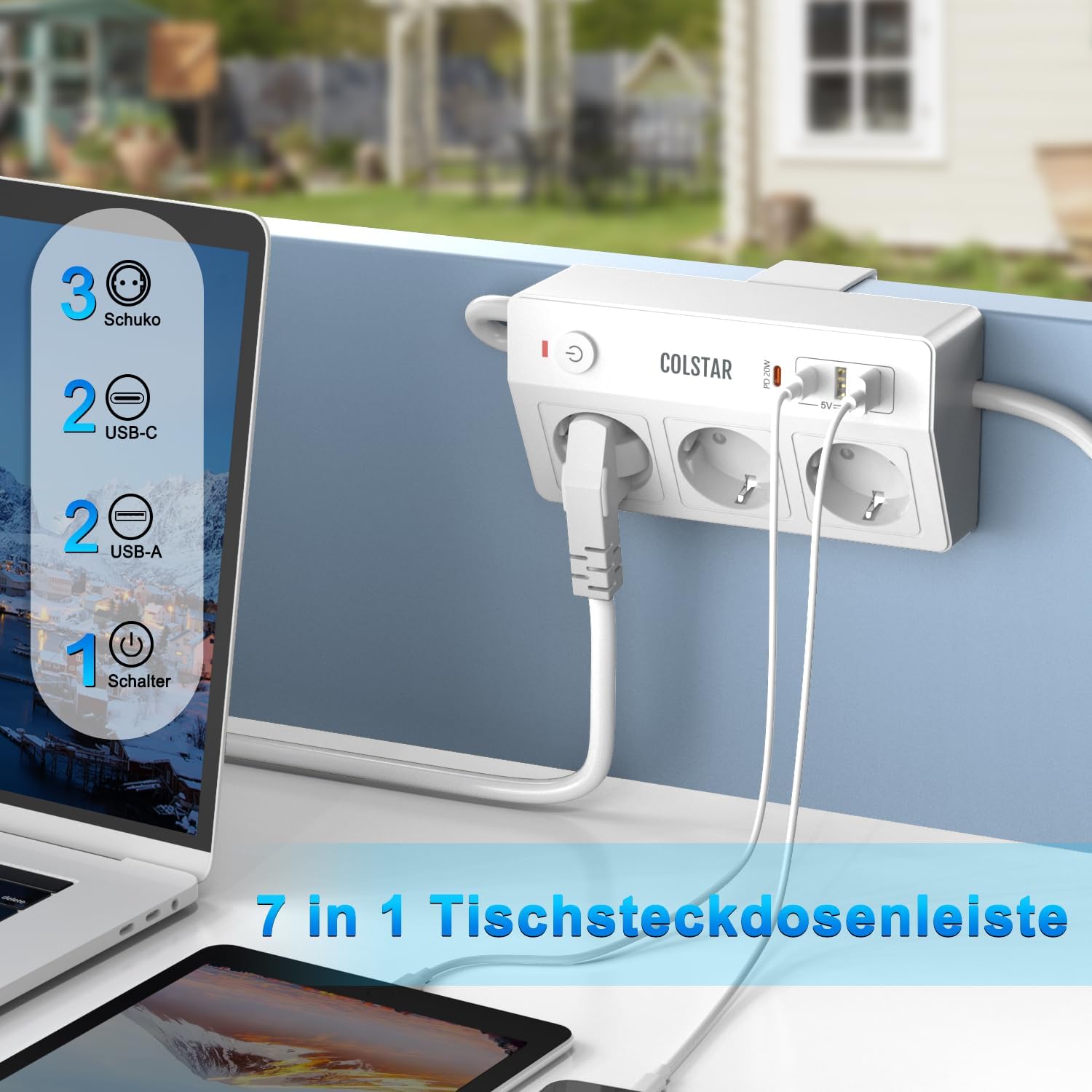 3-fach Steckdosenleiste mit USB-C PD 20 W und Tischklemme | 3 Steckdosen, 2 USB-A und USB-C PD 20W, Tischklemme bis 4,5 cm, 1,8 m Kabel, 16 A/4000 W, Überspannungsschutz – Bild 2