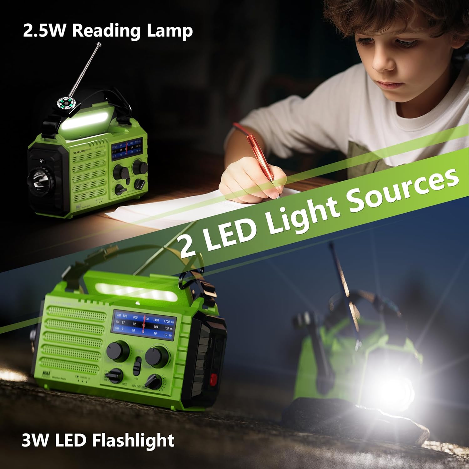 AM/FM/SW Baustellenradio, Kurbelradio, tragbares 5-Wege-Wetter-Solarradio, Dynamo-Handkurbel, Powerbank, LED-Campinglicht, SOS-Alarm, Kompass, USB-Anschluss zum Aufladen des Mobiltelefons im Notfall – Bild 4