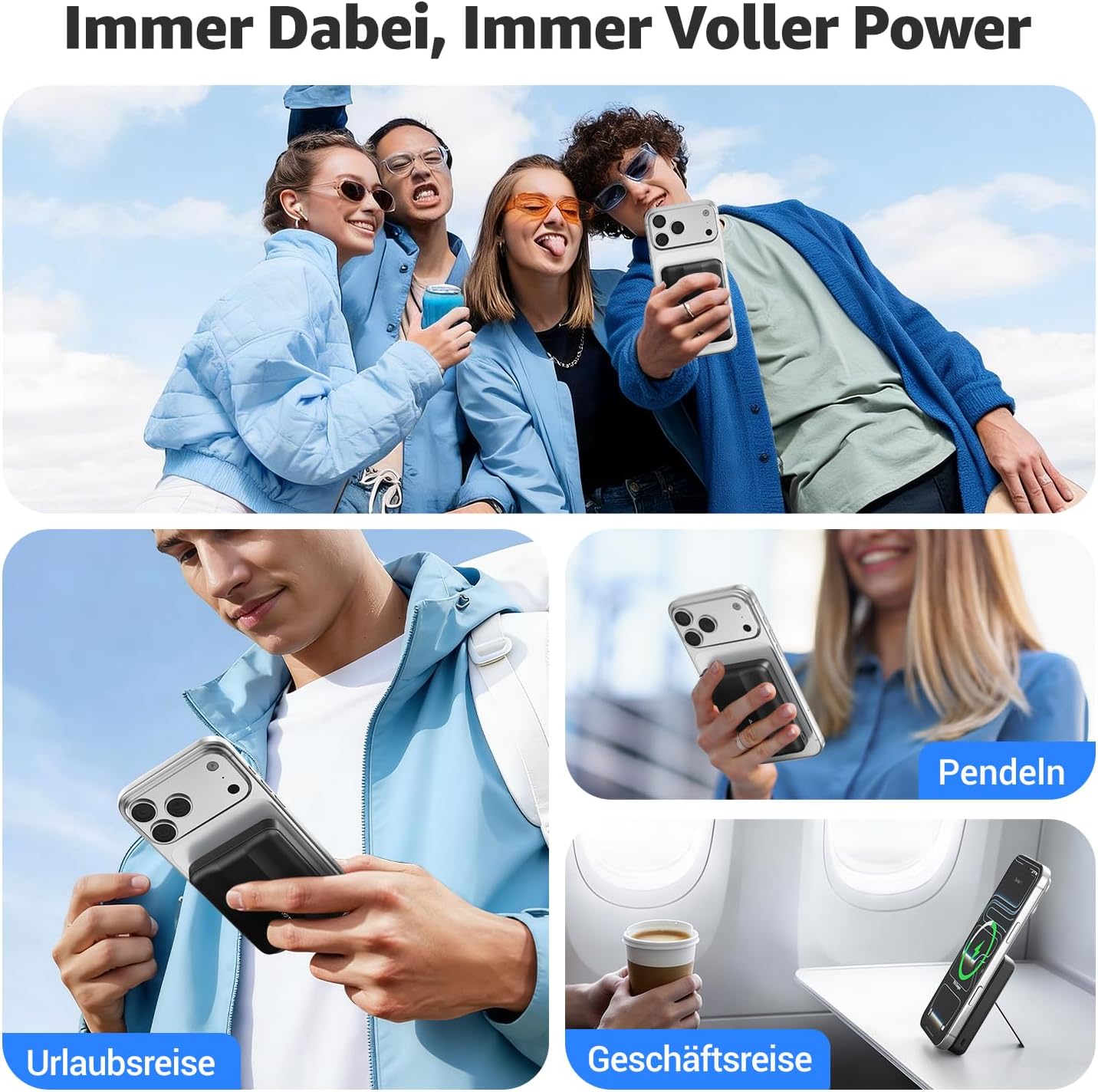 Azmuth Magsafe Powerbank 10000 mAh kabellos magnetisch für iPhone 17-12 | Kabellose Powerbank mit USB-C-Eingang und -Ausgang, 22,5 W USB-A, Klappständer und LED-Bildschirm für iPhone 17/16/15/14/13/12 – Schwarz – Bild 8