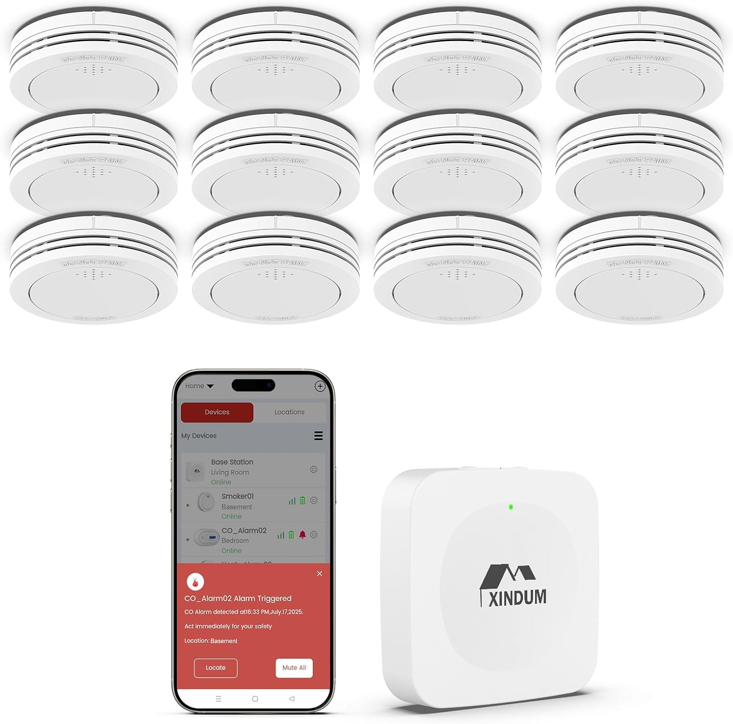 Xindum Rauchmelder WLAN mit Magnethalterung 12er Set | 10 Jahre Brandmelder TÜV-Rheinland zertifiziert nach EN 14604, Brandmelder flach, kein LED-Blinken, kompatibel mit App