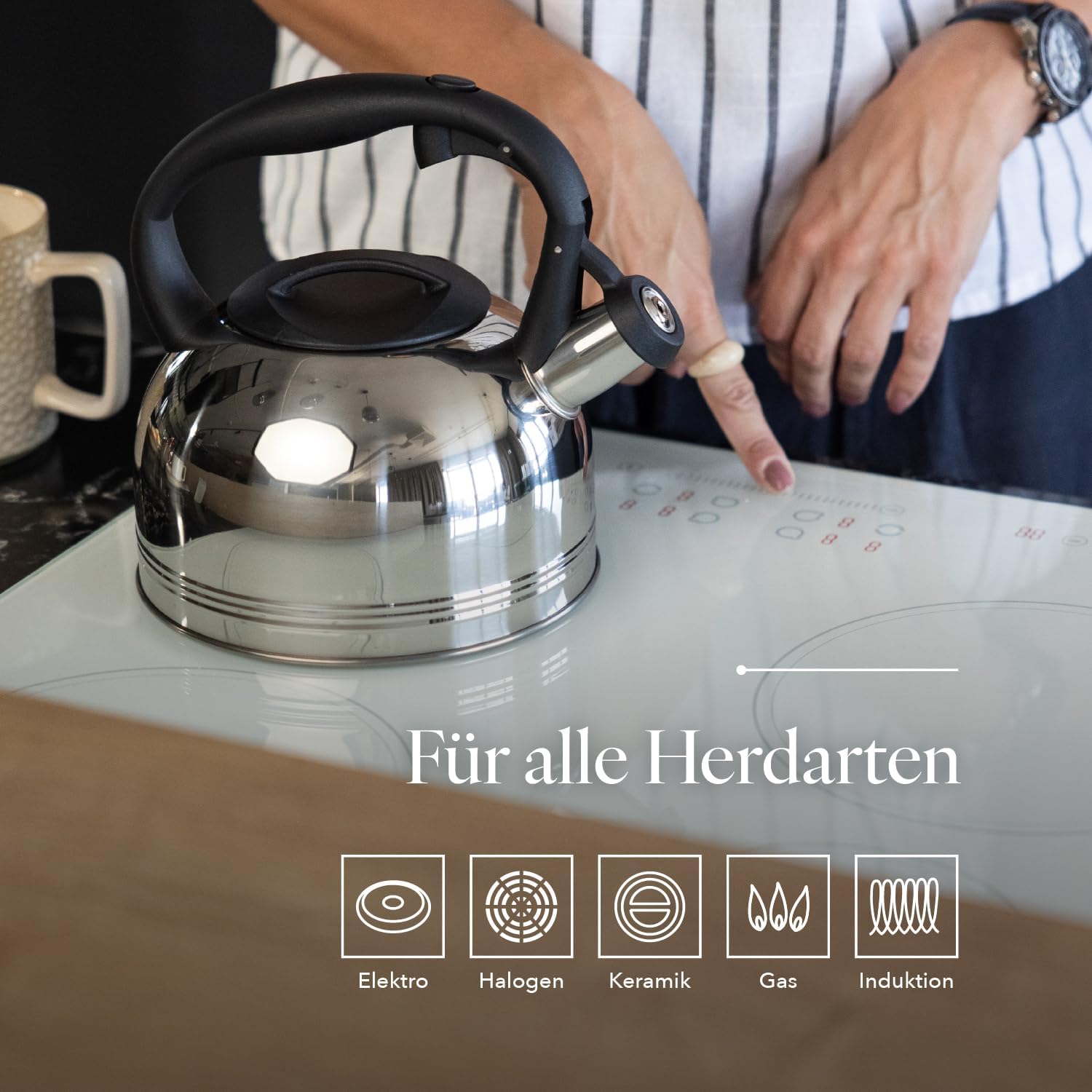 FLORINA Anter Wasserkocher, 1,9 l, Edelstahl, Teekessel, Pfeifkessel mit Bakelitgriff, automatischer Pfeifkessel für Tee und Kaffee, geeignet für alle Herdarten, Farbe: Silber – Bild 3