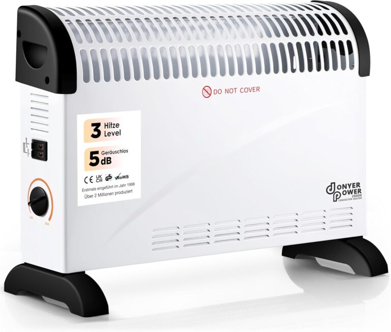 Donyer Power 2KW Konvektor mit Thermostat – leise – Wandmontage | 3 Heizstufen (750 W/1250 W/2000 W) – Leiser Betrieb – Stand- und Wandmontage – sofort einsatzbereit