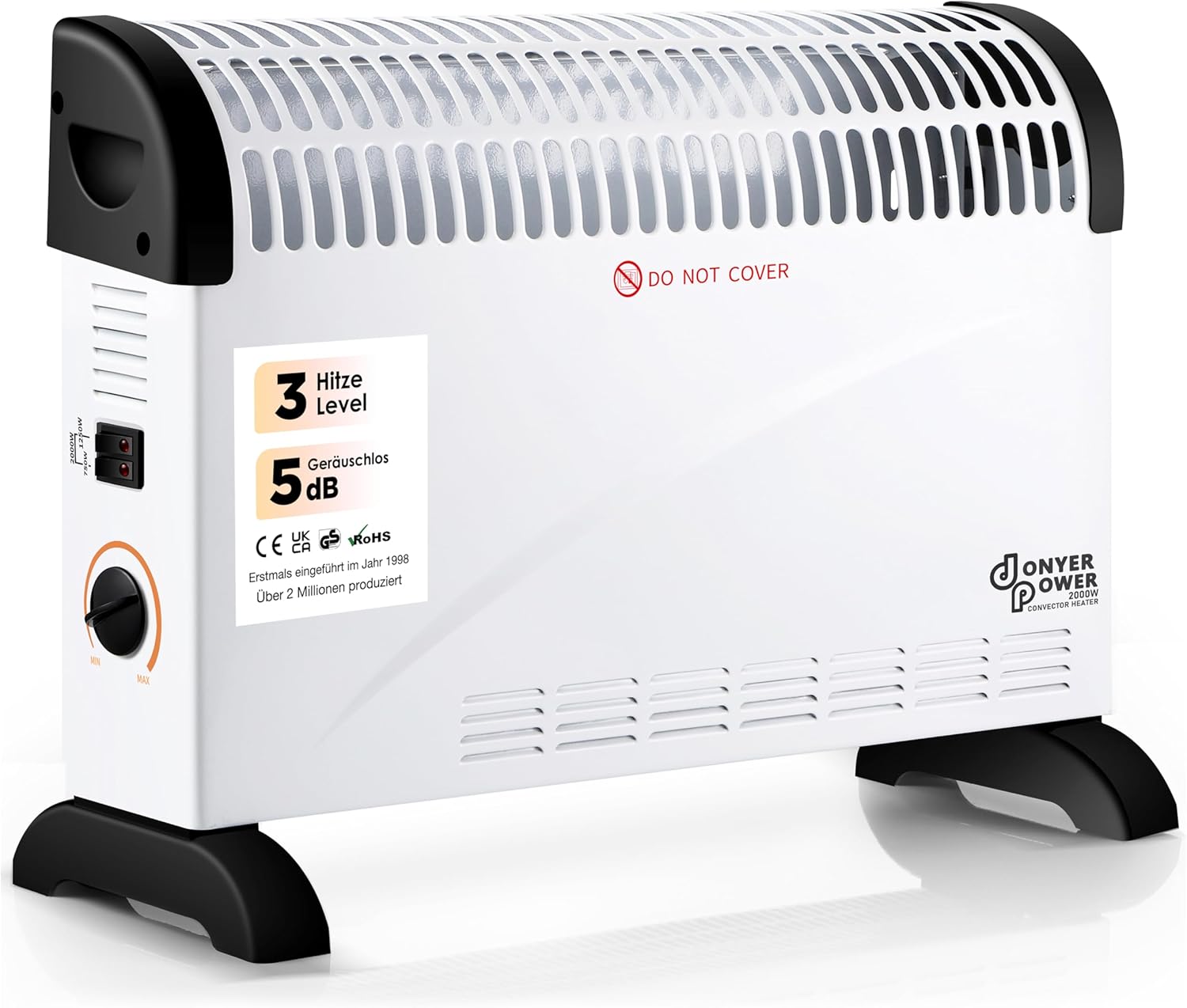 Donyer Power 2KW Konvektor mit Thermostat – leise – Wandmontage | 3 Heizstufen (750 W/1250 W/2000 W) – Leiser Betrieb – Stand- und Wandmontage – sofort einsatzbereit
