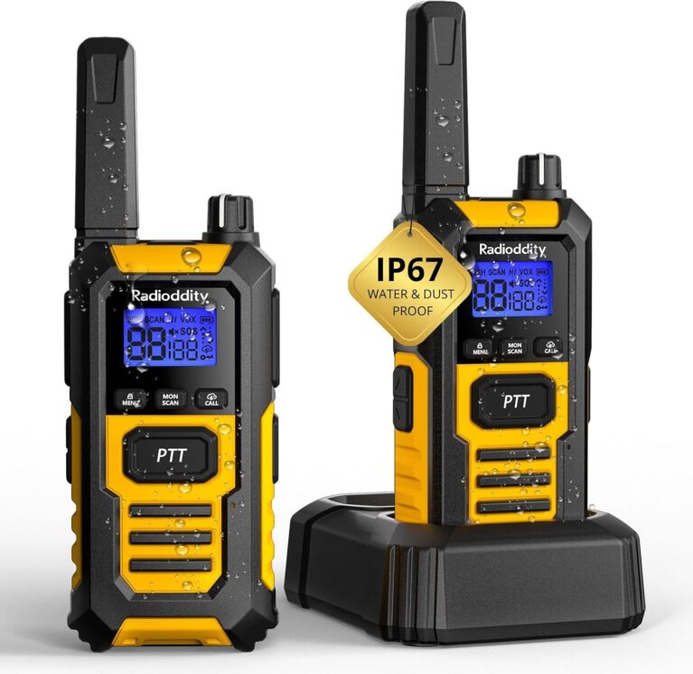 Radioddity HD-1 Funkgerät-Set, Walkie-Talkie, wasserdicht IP67, robust, PMR, staubdicht, stoßfest, mit Ein-Knopf-Gruppenruf, Vibrationsalarm, SOS, Dual PTT, Basis und USB-C-Aufladung (2 Stück, gelb)