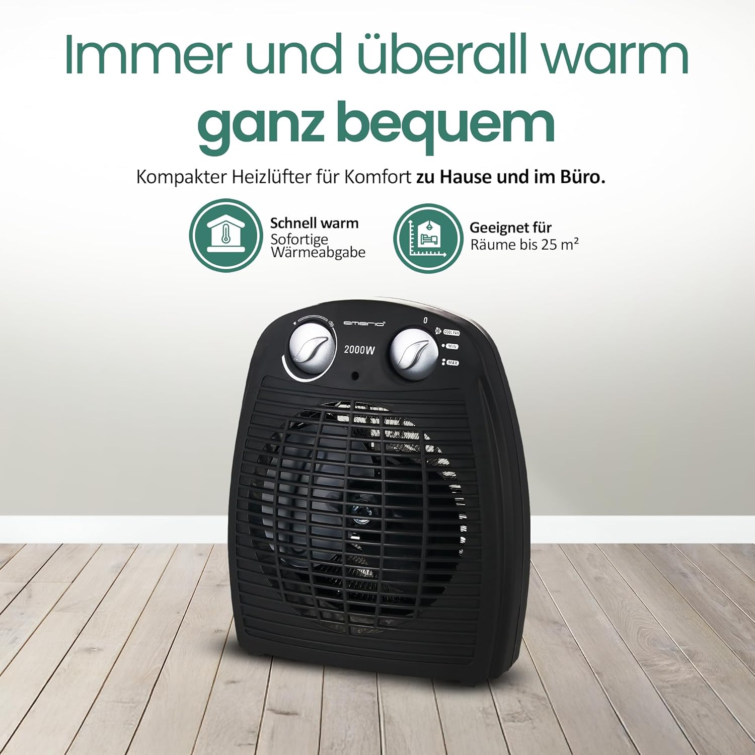 Emerio FH-106737.2, Note 1.5, kleiner kompakter tragbarer Heizlüfter für 25 m², 2 Heizleistungen + Lüfterfunktion, einstellbarer Thermostat, Sicherheitsschalter, Griff, 2000 Watt, Anthrazit – Bild 2