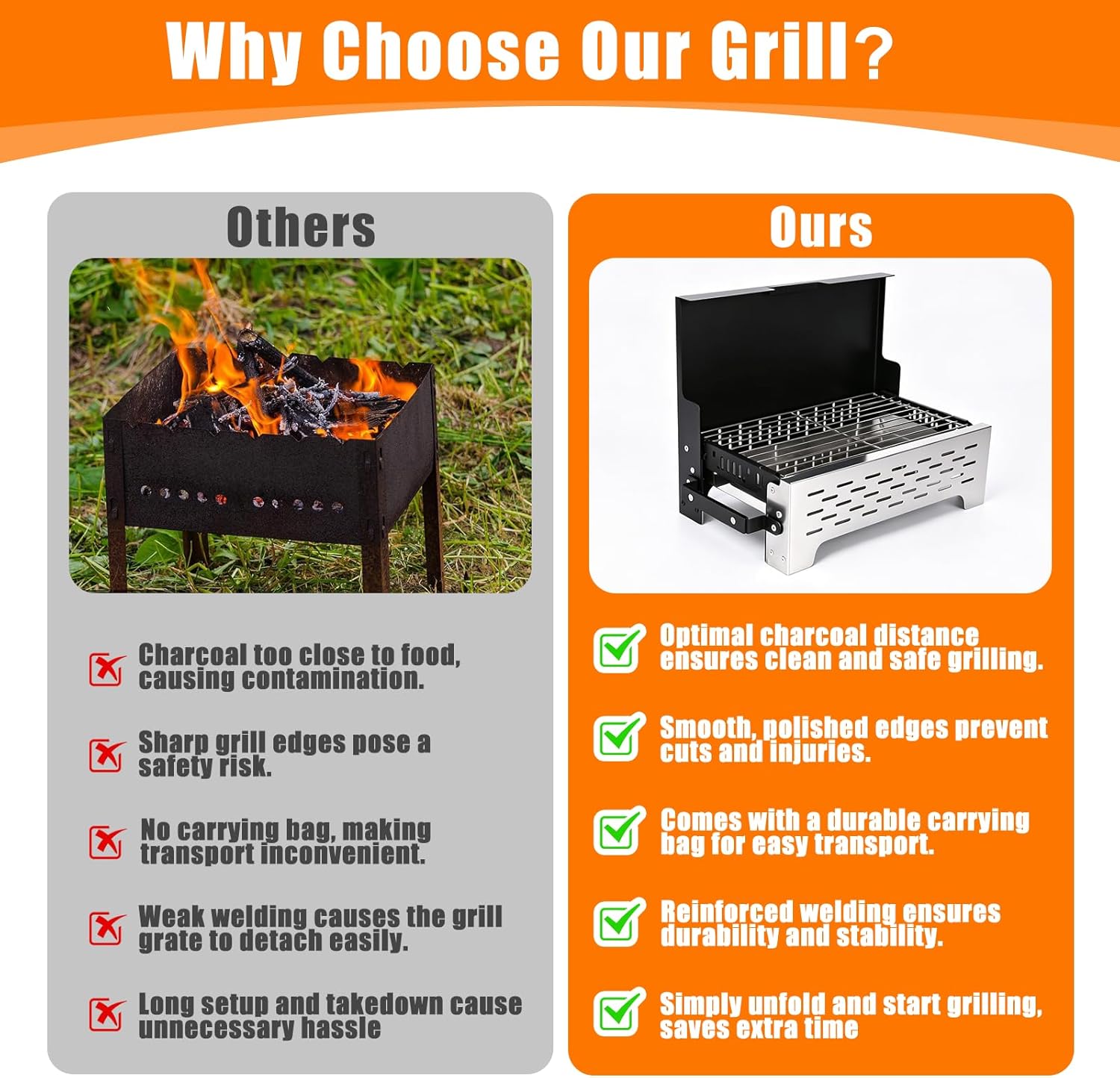 GFTIME Klappgrill mit Tasche, Holzkohlegrill, Tischgrill für Grillen im Freien, tragbarer faltbarer Grill aus Edelstahl mit Tragetasche für Camping, Picknick, Kochen im Garten und Terrasse – Bild 5