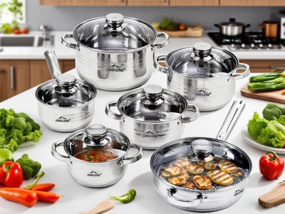 Smhline 12-teiliges Topfset, Kochtopf-Set, geeignet für Induktionsherde, Edelstahl-Kochgeschirr, Pfannenset, Glasdeckel, Küchensets, Bratpfanne – Bild 4
