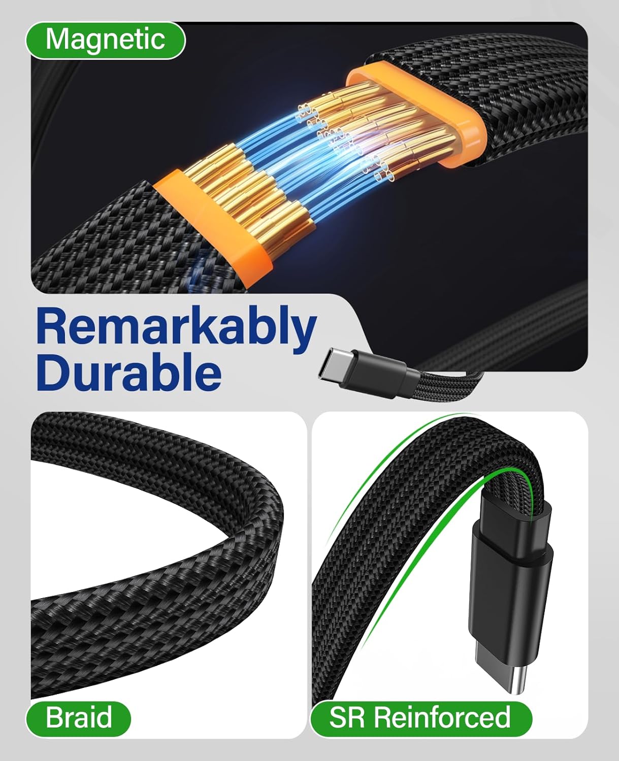 Magnetisches USB-A-auf-USB-C-Kabel von Magtame, 1 m, spiralförmiges 3-A-Schnellladekabel, flaches USB-C-Kabel, organisiertes, verwechslungssicheres, geflochtenes Datensynchronisierungs-Typ-C-Ladekabel – Bild 5