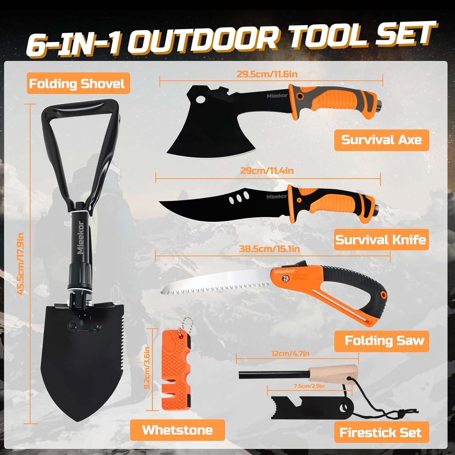 6-in-1 Outdoor-Axt-Überlebensset, Überlebensmesser & Outdoor-Werkzeug-Set, Überlebensausrüstung mit Klappsäge, Klappschaufel, Feuerstahl, Geschenke für Männer, Camping, Abenteuer, Wandern im Freien – Bild 7