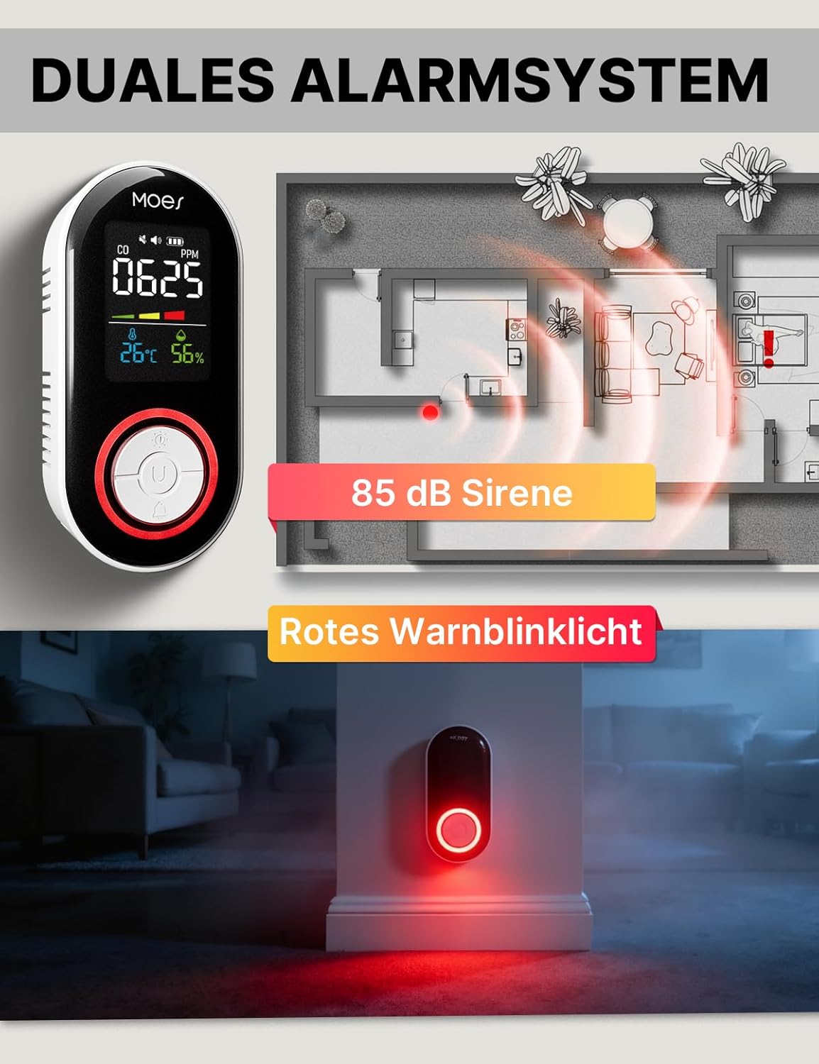 MOES Kohlenmonoxidmelder für Steckdose mit 1000 mAh Akku, 3-in-1 CO-Melder mit akustischem 85-dB-Alarm, Temperatur- & Luftfeuchtigkeitsanzeige, CO-Warngerät für Zuhause, Reisen und Wohnmobil – Bild 3