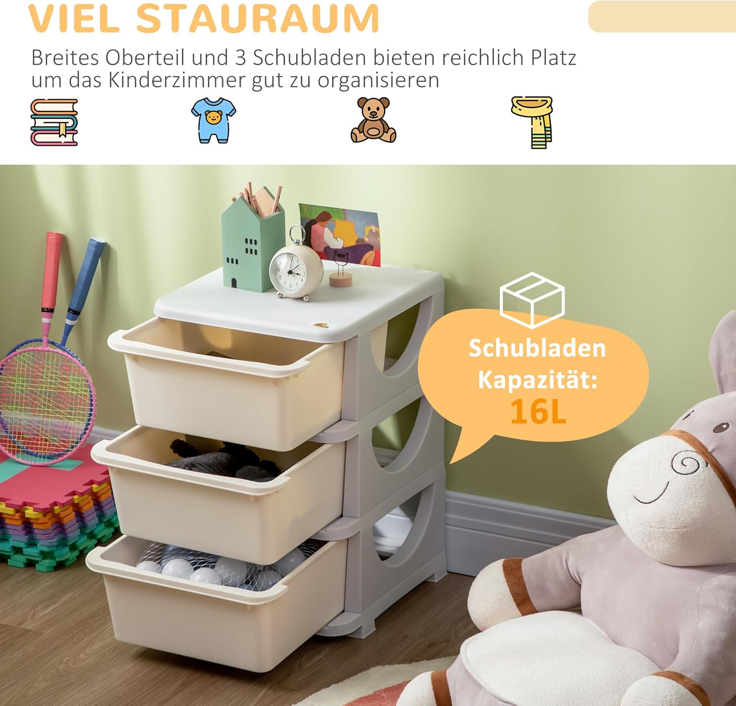 HOMCOM Schubladenschrank für Kinder mit Stauraum, Aufbewahrungsboxen, Spielzeug-Organizer, Spielzeugkiste, drei Ebenen, für Kinderzimmer, 3–6 Jahre, Kindermöbel, Cremeweiß, 37 x 37 x 56,5 cm – Bild 3