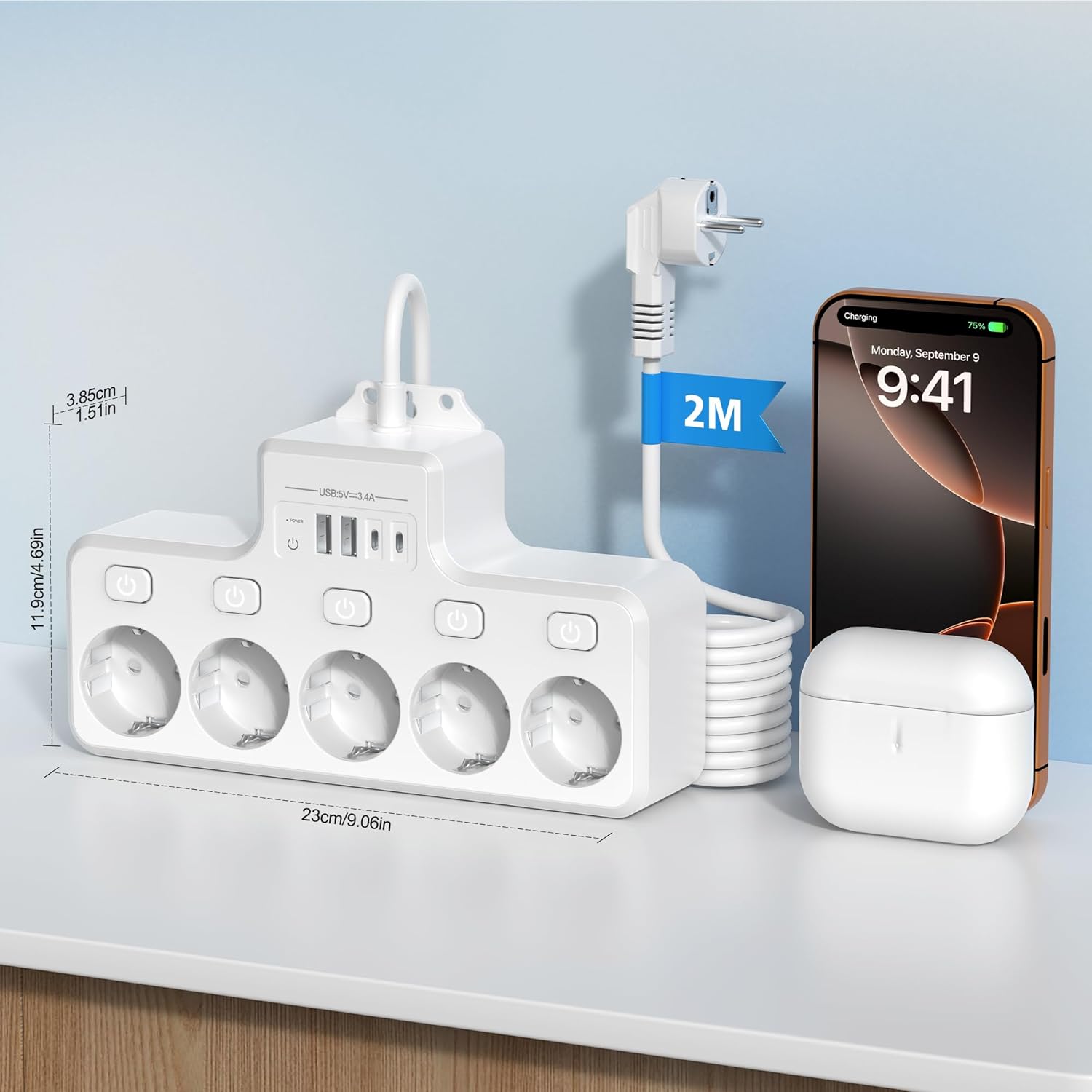 Steckdosenleiste mit Überspannungsschutz, 5-fach & einzeln schaltbar mit 2 USB-A und 2 USB-C – Wandmontage in Küche, Büro, Wohnzimmer, 1,8 m Kabel, 4000 W/16 A – Bild 4