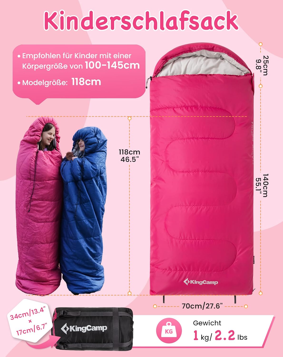 KingCamp Kinderschlafsack 3 Jahreszeiten Deckenschlafsack für Kinder 100-140cm Leicht Warm für Camping und Wandern mit Tragetasche – Bild 2