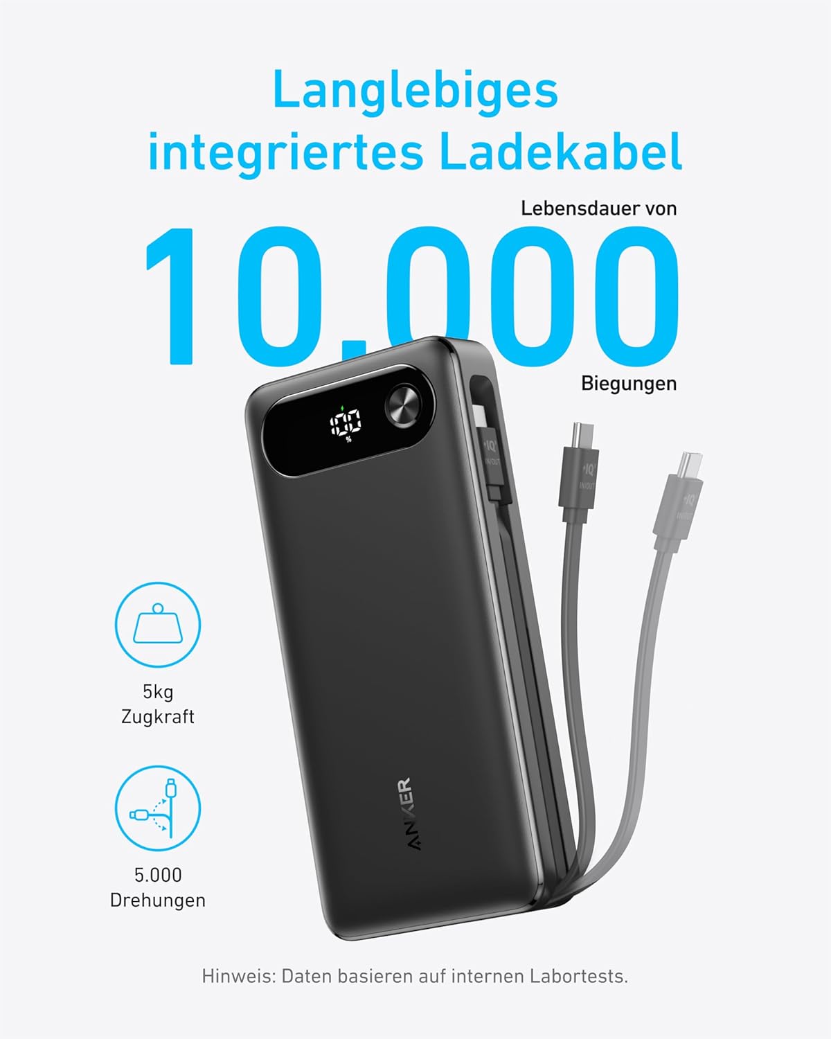 Anker Power Bank, tragbares Ladegerät mit 20.000 mAh und integriertem USB-C-Kabel, 87-W-Max-Schnellladeakku, 1 USB-C und 1 USB-A, für MacBook, iPhone 17/16/15/14-Serie, Samsung, Switch und mehr – Bild 5
