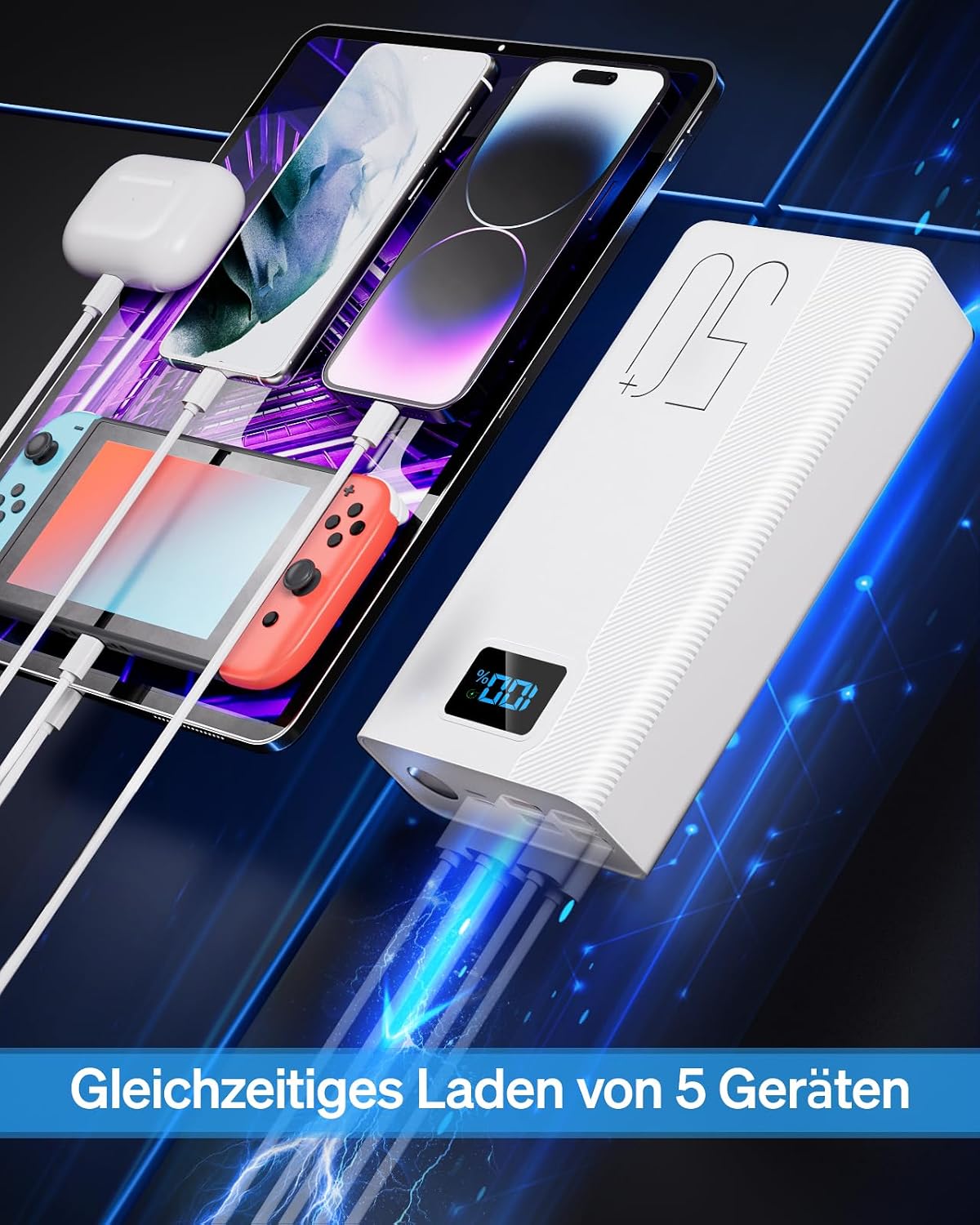 50.000 mAh Powerbank: Externer Akku mit großer Kapazität, 22,5 W Schnellladung sowie 5 Ausgängen und 3 Eingängen für MP3-Player – Bild 4
