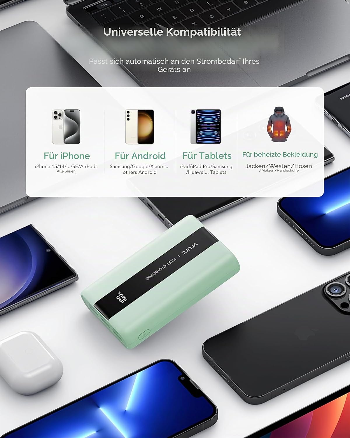 VRURC Power Bank 20000 mAh – kleiner und tragbarer externer Akku mit 22,5 W QC und PD 3.0 Schnellladung, USB-C, 6 Anschlüssen und LED-Anzeige, Power Bank für iPhone, Samsung, Huawei, iPad und Reisen – Bild 8