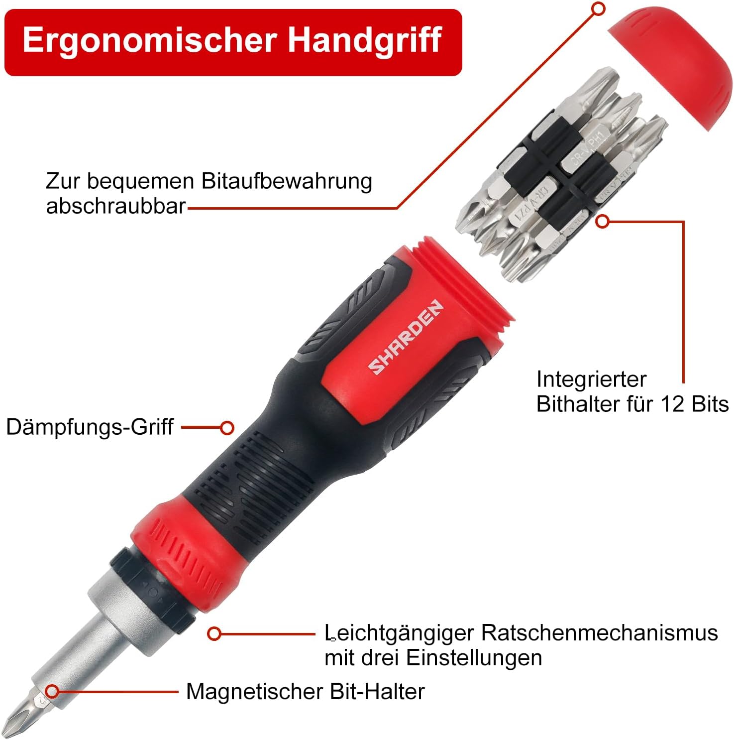 SHARDEN Ratschenschraubendreher 13-in-1 Ratschenschraubendreher Multibit-Schraubendreher Multitool All-in-One mit Torx-, Schlitz-, Kreuzschlitz-, Sechskant-, Pozidriv- und 1/4-Mutternschlüssel – Bild 2