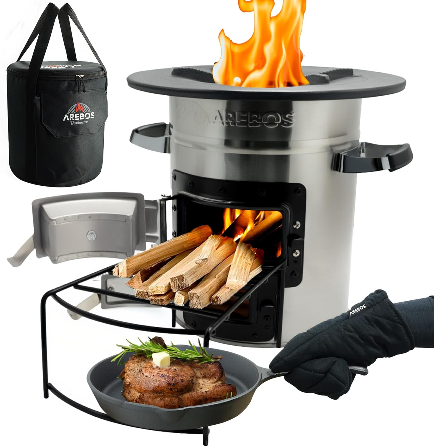 Arebos Raketenofen mit Gusseisen-Grillpfanne mit Tragetasche und Handschuhen | Dutch Oven BBQ | Tragbarer Campingkocher Holzofen | Outdoor-Küche | Raketenofen | Campinggrill Silber