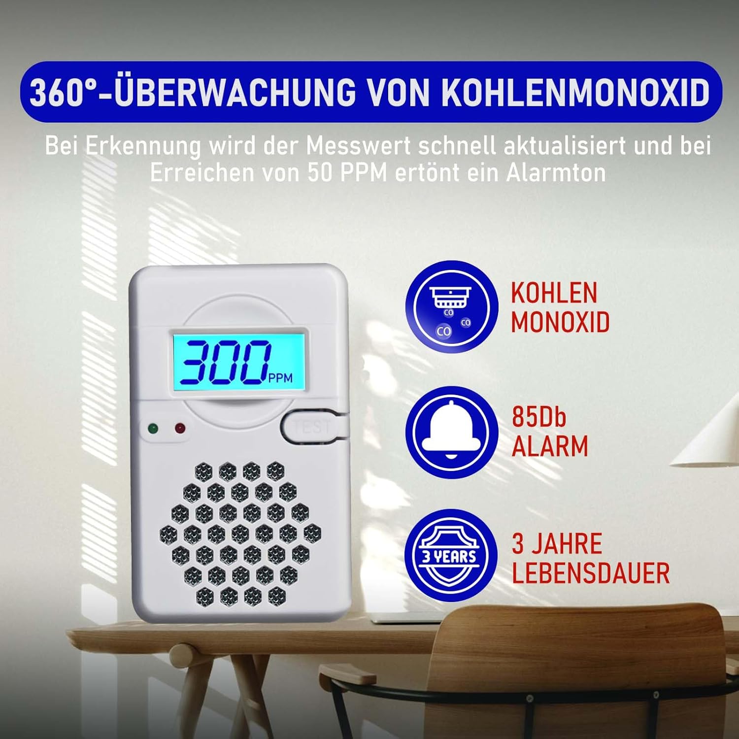 LSENLTY Kohlenmonoxidmelder, 3 Jahre Standby-Zeit, 0–999 CO-Detektorbereich, 85 dB lauter Kohlenmonoxidmelder für Reisen und Camping (Netztasche, Batterie im Lieferumfang enthalten) – Bild 2