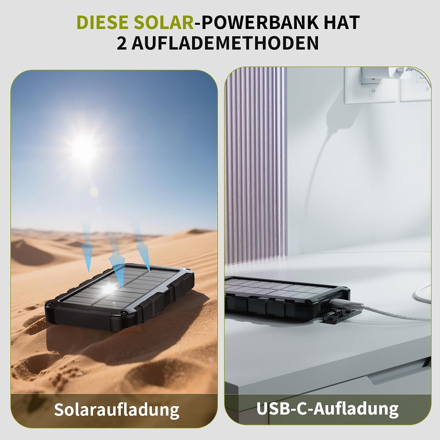 Solar Power Bank 10000 mAh PD 22,5 W Tragbares Solarladegerät USB C Outdoor Wasserdichter externer Akku mit LED-Licht und 3 Ausgängen für Tablets Smartphones Outdoor Camping Schwarz – Bild 4