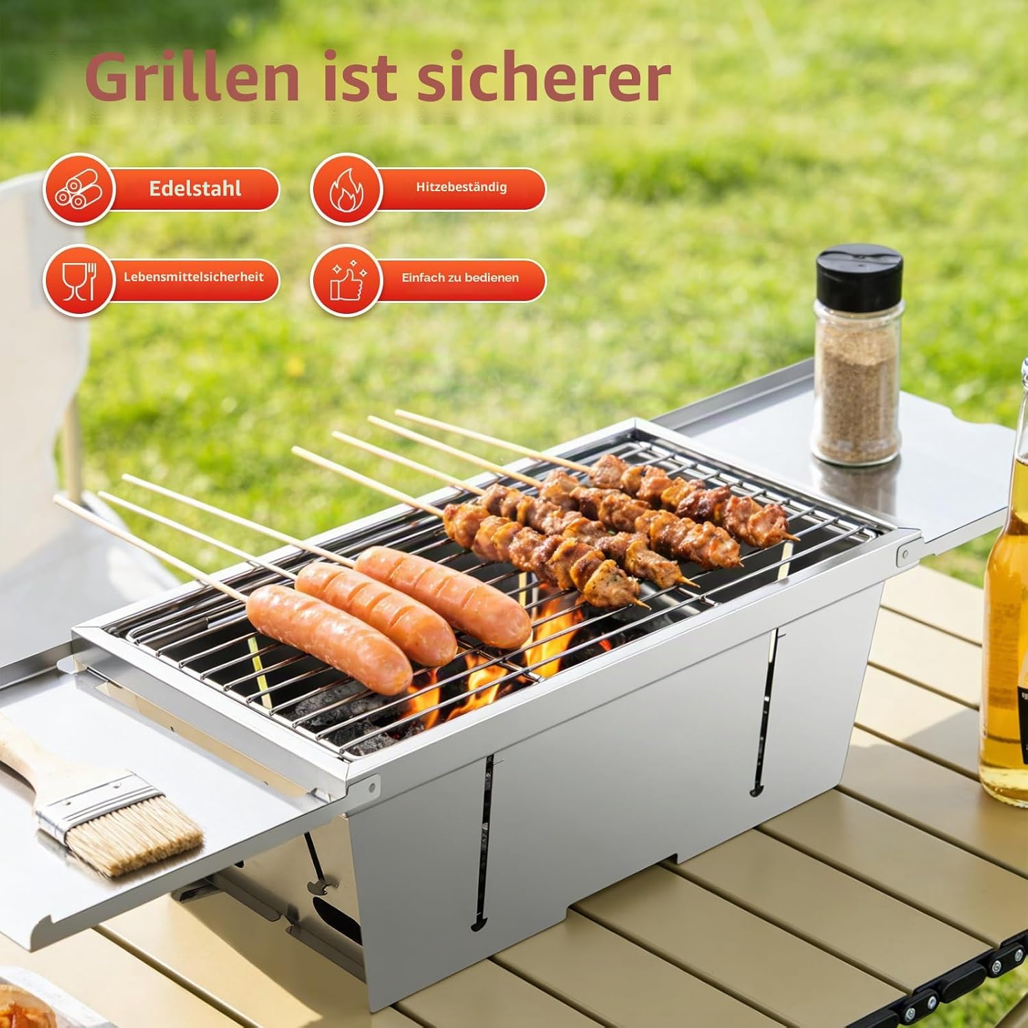 Uten Tragbarer faltbarer Grill, Holzkohlegrill aus Edelstahl mit Aufbewahrungstasche und Handschuhen, Tischgrill für Garten, Strand, Camping, Wandern, Picknicks und Reisen – Bild 2