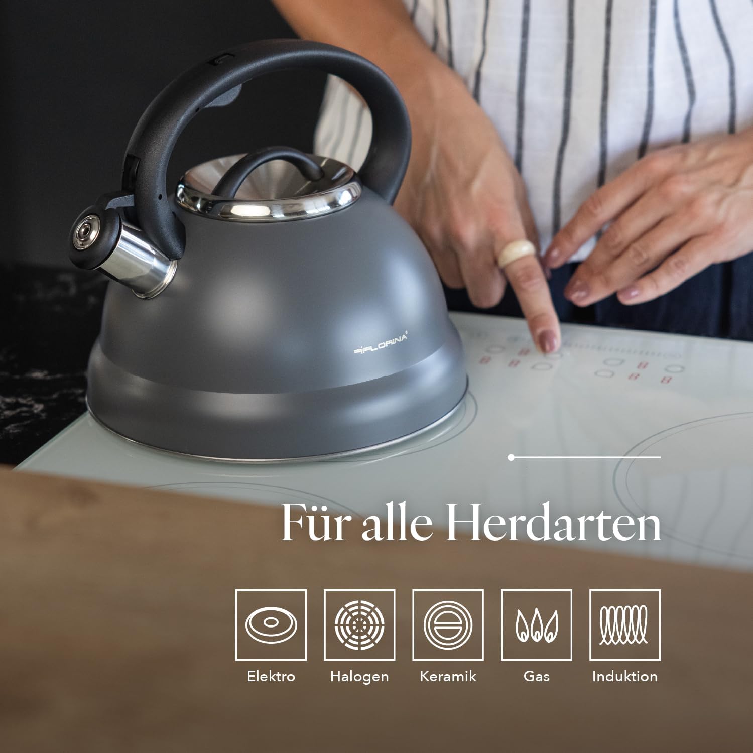 FLORINA JACOB Wasserkocher (2,5 L) | Teekessel aus Edelstahl | Pfeifkessel mit Bakelitgriff und Pfeifgeräusch | Pfeifkessel für Tee und Kaffee | Geeignet für alle Herdarten | Farbe: Grau – Bild 3