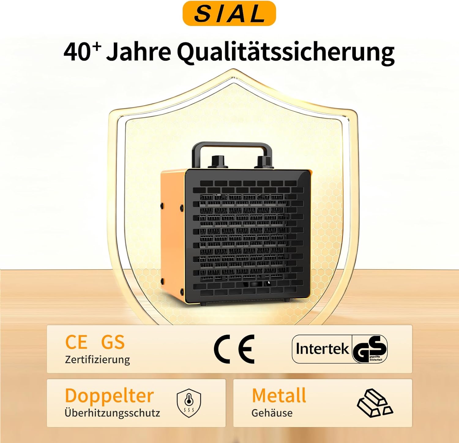 SIAL 2000W Industrielle tragbare Heizlüfter, Elektroheizung, Keramikheizung, Raumheizung, Bauheizung, PTC-Heizung mit Überhitzungsschutz, für Büros, Räume, Badezimmer, Garagen, PA2, Gelb – Bild 5