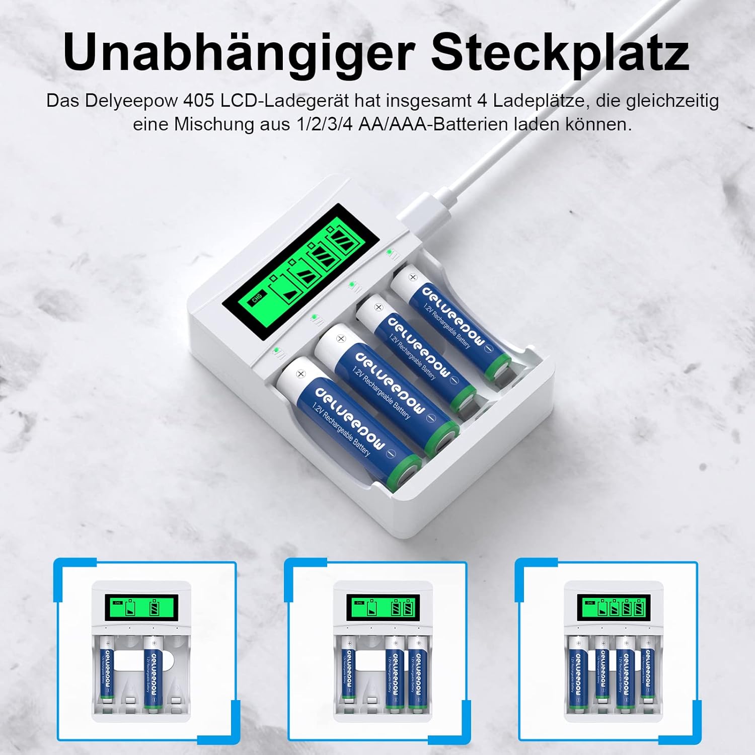 Ladegerät, mit 4 x AA-Batterien + 4 x AAA-Akkus, NiMH 1,2 V, 4 Ladeplätze mit LCD-Display für NI-MH AA AAA-Akkus – Bild 6