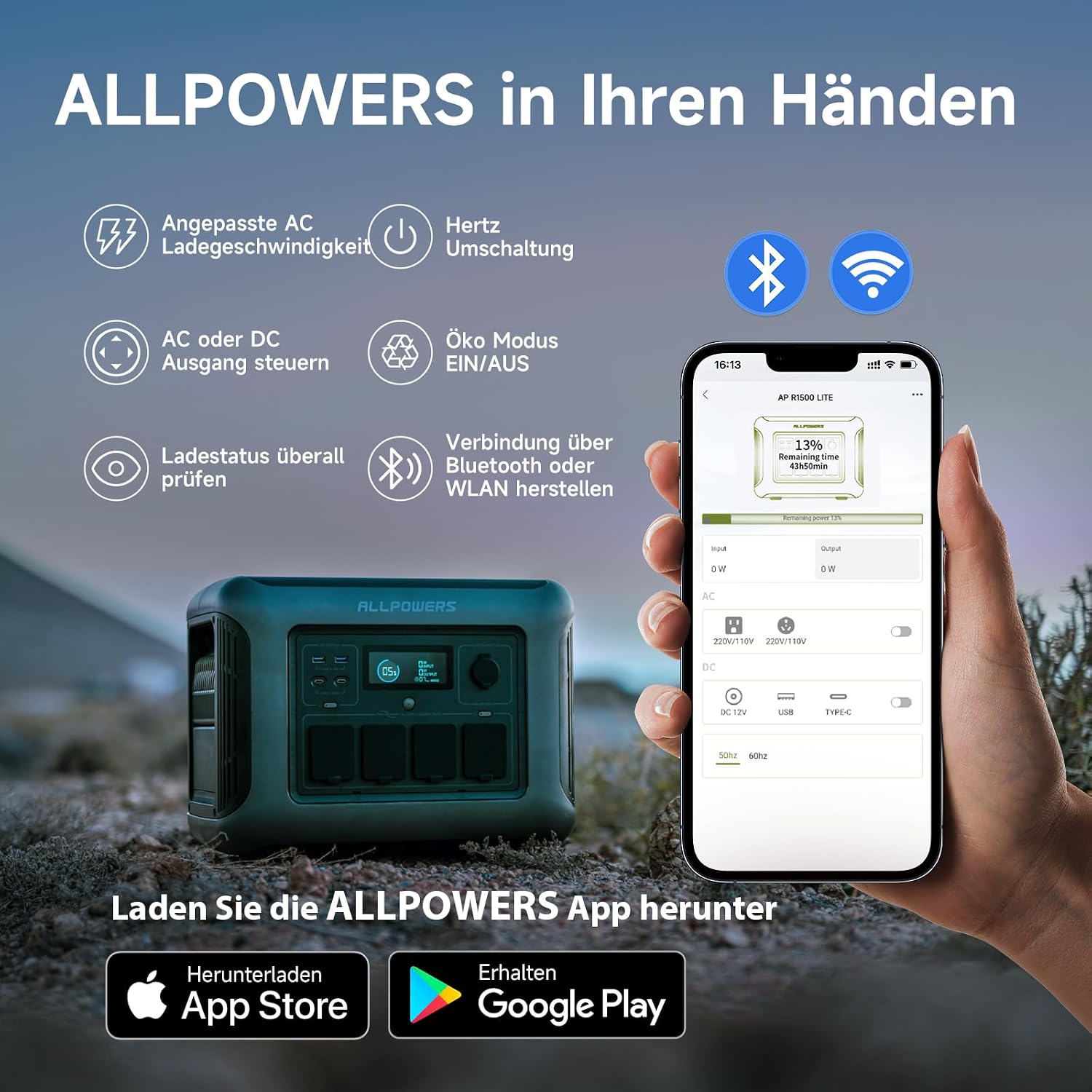 ALLPOWERS R1500 Lite Kraftwerk mit Solarpanel 200 W, 1056 Wh LiFePO4-Akku, volle Ladung in 1 Stunde, 1600 W (3200 W Peak) Solargenerator, 15 ms USV für Notstromversorgung, Stromausfälle, Camping – Bild 7