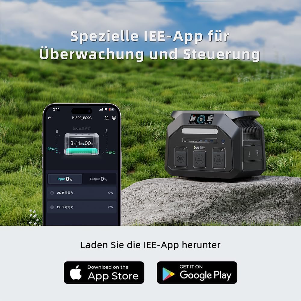 IEE 1800 W Solargenerator P1800 mit 100 W Solarpanel, 1024 Wh LiFePO4-Akku, tragbares Kraftwerk, 0–80 % in 45 Minuten Ladezeit, 11 Anschlüsse, App, tragbares Kraftwerk für Camping, Wohnmobile – Bild 4