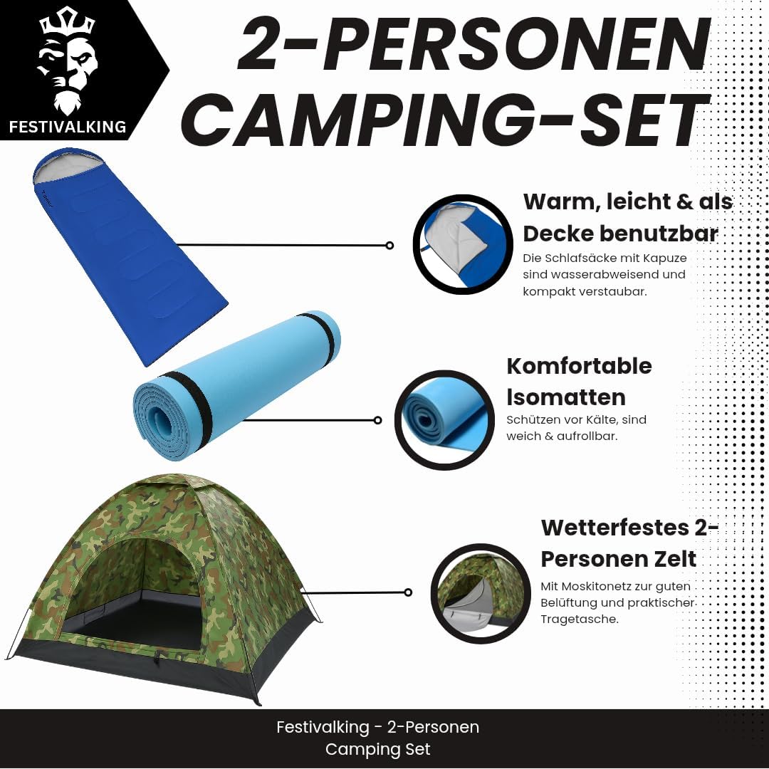 2-Personen-Festivalzelt-Set mit 2 Isomatten, Schlafsäcken, Nackenkissen, Schlafmasken, Ohrstöpseln & 2-Mann-Festivalzelt, Camping, Iglu-Zelt, wasserdicht, 200 x 200 x 135 cm – Bild 2
