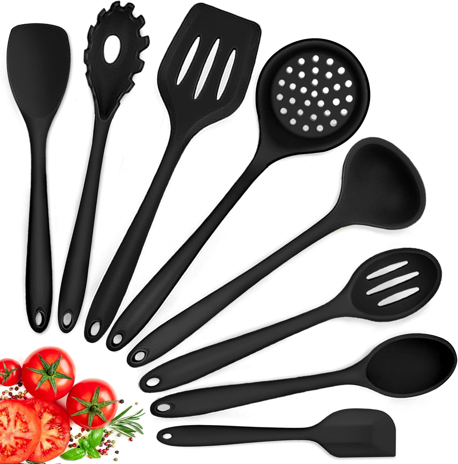 Herogo Küchenutensilien-Set, 8-teiliges Kochbesteck-Set aus Silikon, antihaftbeschichtet, hitzebeständig, Küchenutensilien, Kochgeschirr mit Silikonspatel/Löffel/Spachtel/Schöpfkelle – Schwarz