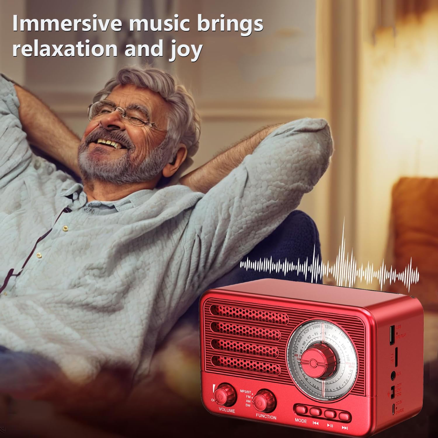 Retro-Transistorradio, batteriebetriebenes AM-FM-SW-Radio, kleiner wiederaufladbarer tragbarer MP3-Player mit Unterstützung für TF-Karte/Aux/USB (rot) – Bild 3