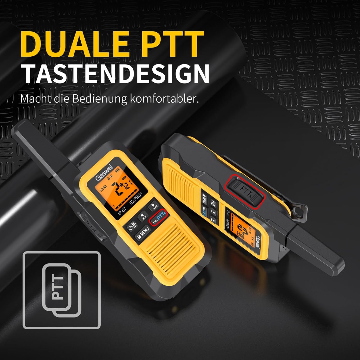 Gaswei G2Pro Professionelle Walkie-Talkies für Erwachsene, IP67, wasserdicht und schwimmfähig, Langstreckenradio mit Doppel-PTT, VOX, SOS, UKW-Radio + Akku für den Außenbereich, 1er-Set in Gelb – Bild 5