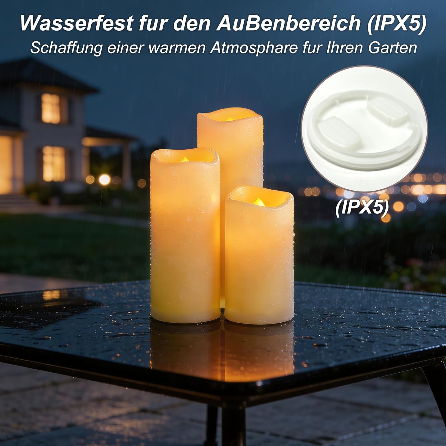 Homemory Wasserdichte Kerzen für den Außenbereich, flackernde flammenlose Kerzen, betriebene LED-Kerzen mit Fernbedienung, Timer, elektrische künstliche Kunststoffkerzen, Elfenbein, 3er-Set – Bild 4