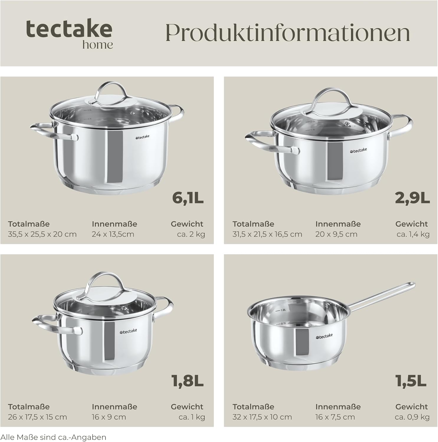 tectake 7-teiliges Kochtopfset, Kochgeschirr aus Edelstahl, Topfset mit Deckel, Kochtopfset für Induktionsherde, Gas- und Elektroherde, Küchensets, Topfsets für Heim- oder Campinggeschirr – Bild 6