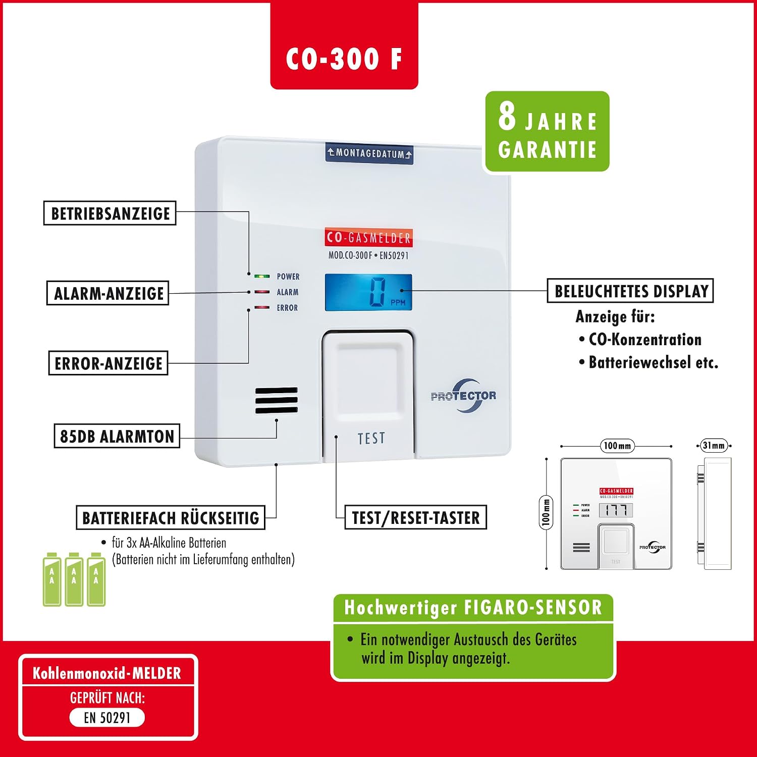 Protector CO-300F batteriebetriebener CO-Gasdetektor | Präziser, langlebiger CO-Detektor mit Figaro-Sensor und beleuchtetem Display | Erkennt Kohlenmonoxid für maximale Sicherheit | Wohnwagen und Wohnmobil – Bild 4