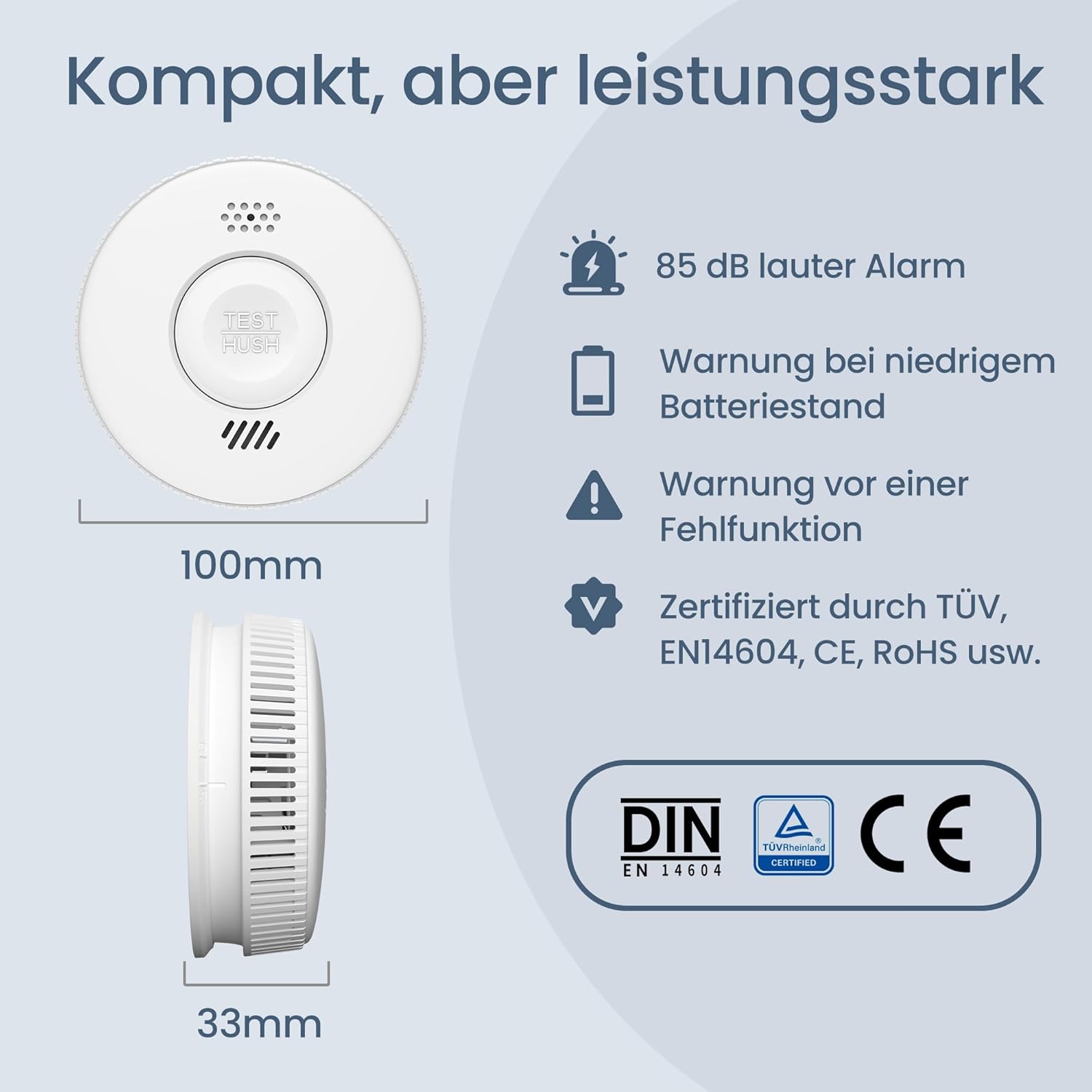 Rauchmelder, 10-Jahres-Batterie, TÜV Rheinland zertifizierter fotoelektrischer Rauchmelder mit Klebepad, Feuermelder mit Stummschaltung, EN14604 – Bild 3