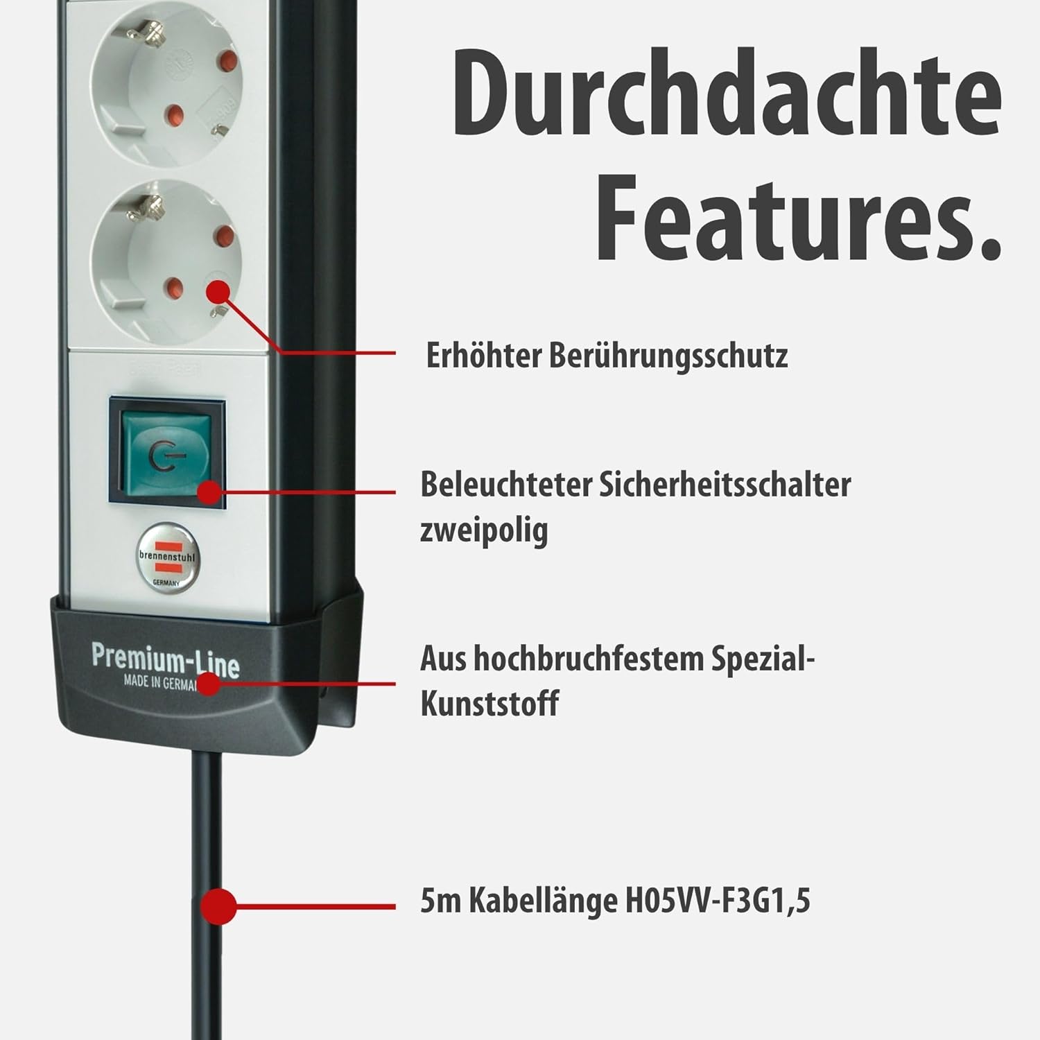 Brennenstuhl Premium-Line, Steckdosenleiste 4-fach (Steckerleiste mit Schalter und 5m Kabel - 45° Anordnung der Steckdosen, Made in Germany) schwarz/grau – Bild 4