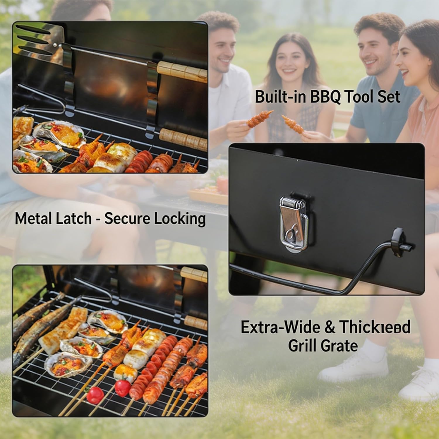 Holzkohlegrill mit Deckel und Kamin, tragbarer Outdoor-Campinggrill-Smoker mit doppelter Luftzufuhr, 2 Holzkohleschalen und Holzgriff für Garten, Terrasse und Picknick – Bild 3