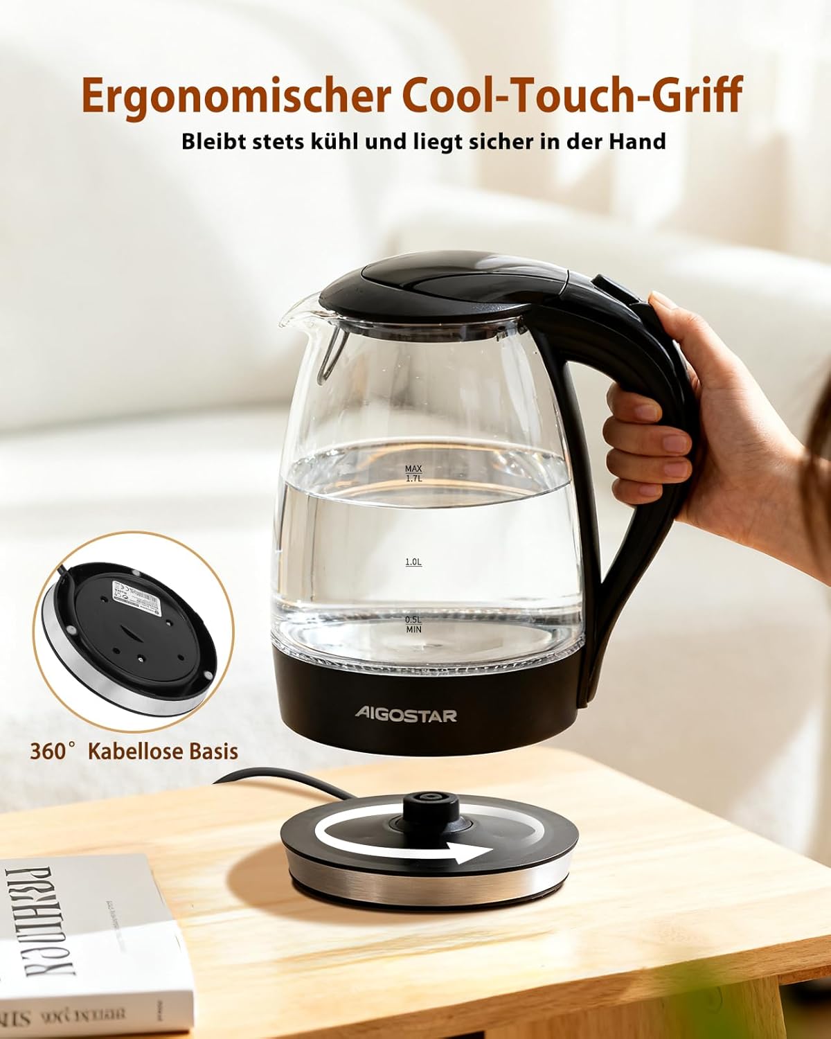 Aigostar Eve 30GON Glaswasserkocher mit LED-Beleuchtung, 2200 Watt, 1,7 Liter, Koch-Trockenschutz, BPA-frei, Weiß -, Adam – Bild 7
