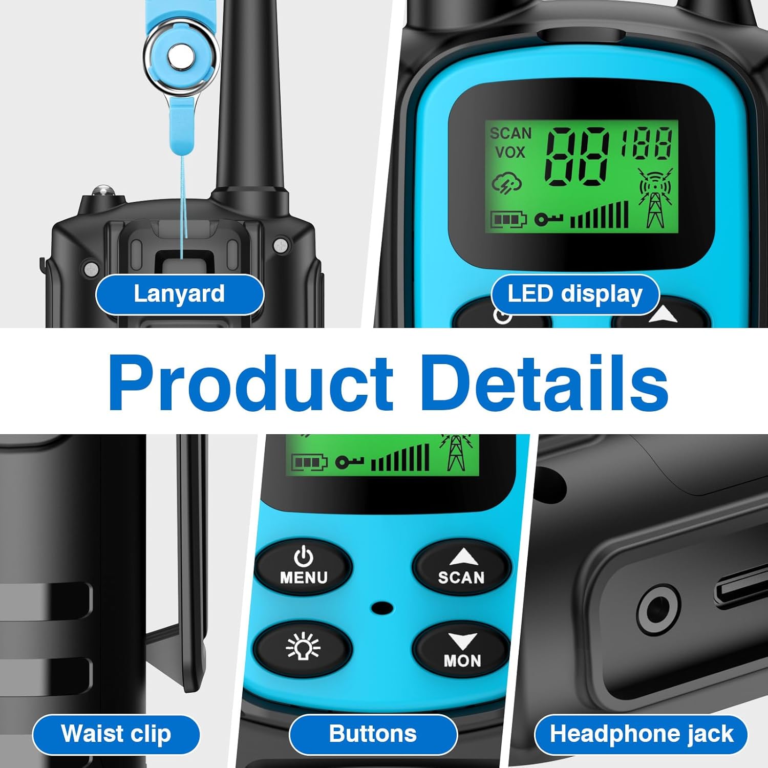 Walkie Talkie Set mit 4 Walkie Talkies für Erwachsene Kinder, 20 Kanäle mit 1200 mAh Li-Ionen-Akku/VOX/LED-Taschenlampe/USB-C-Kabel/5 km Reichweite/Tastatursperre für Camping, Wandern, Geschenk – Bild 3