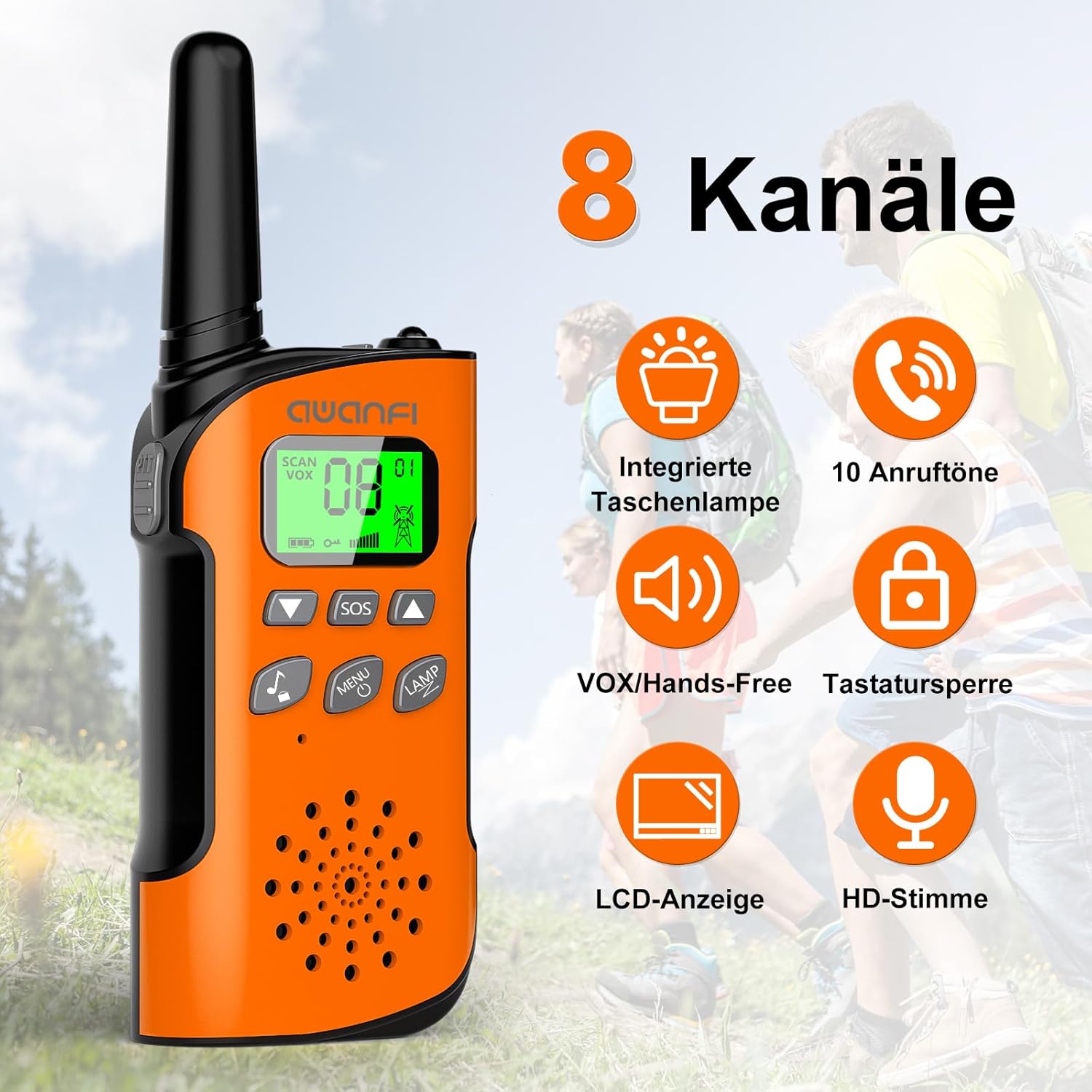 Walkie Talkie Kinder 3er Set, Walkie Talkie Wiederaufladbar mit Li-Ionen Akku, Funkgerät Set, 2-Wege Radio mit VOX, Taschenlampe, Walky Talky Camping Abenteuer, Geschenk für Kinder von 3-12 Jahren – Bild 3