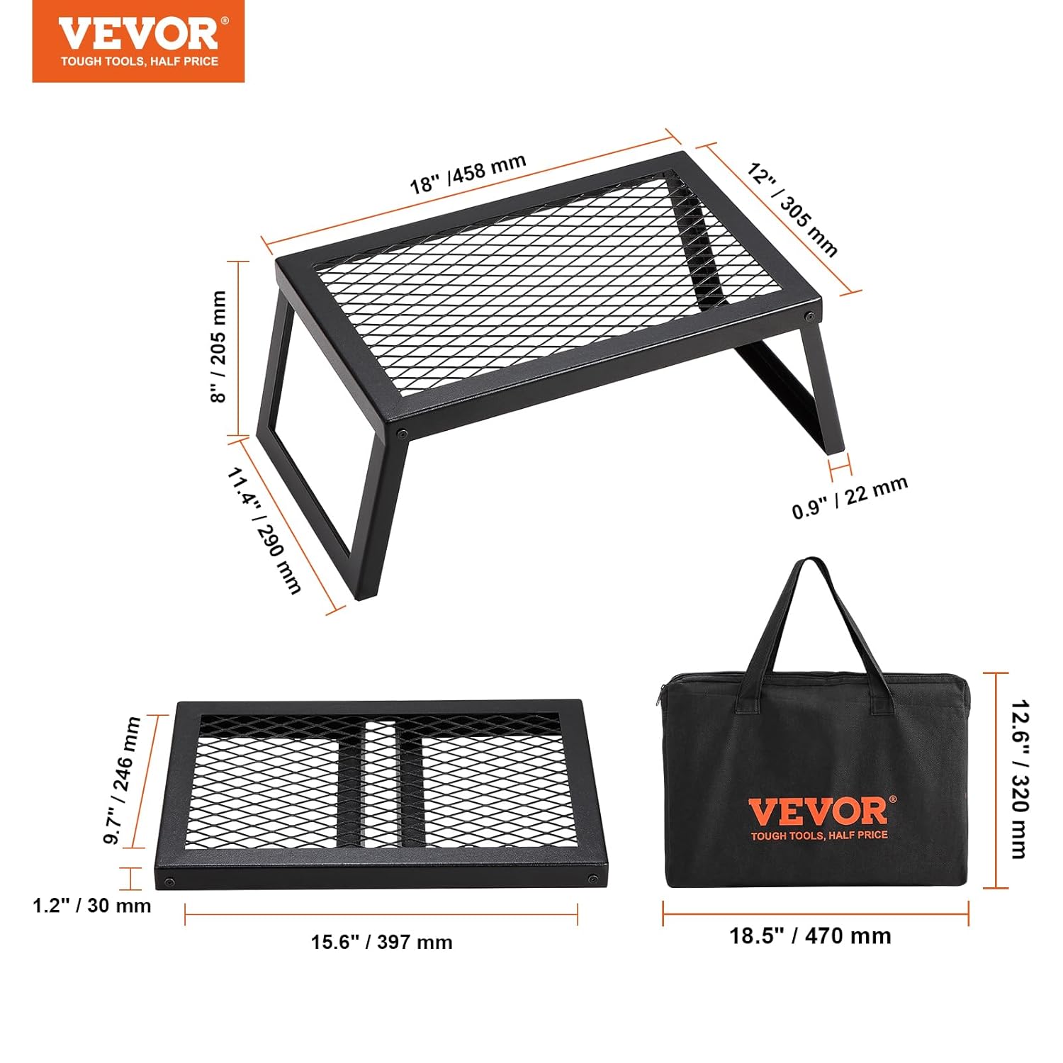 VEVOR BBQ Gills Holzkohlegrill Klappgrill 458 x 305 x 205 mm, Tischgrill tragbarer Reisegrill 6 kg Tragkraft, Outdoor faltbarer Picknickgrill Campinggrill schwarz 300 °C, für Terrasse, Camping, Party – Bild 7
