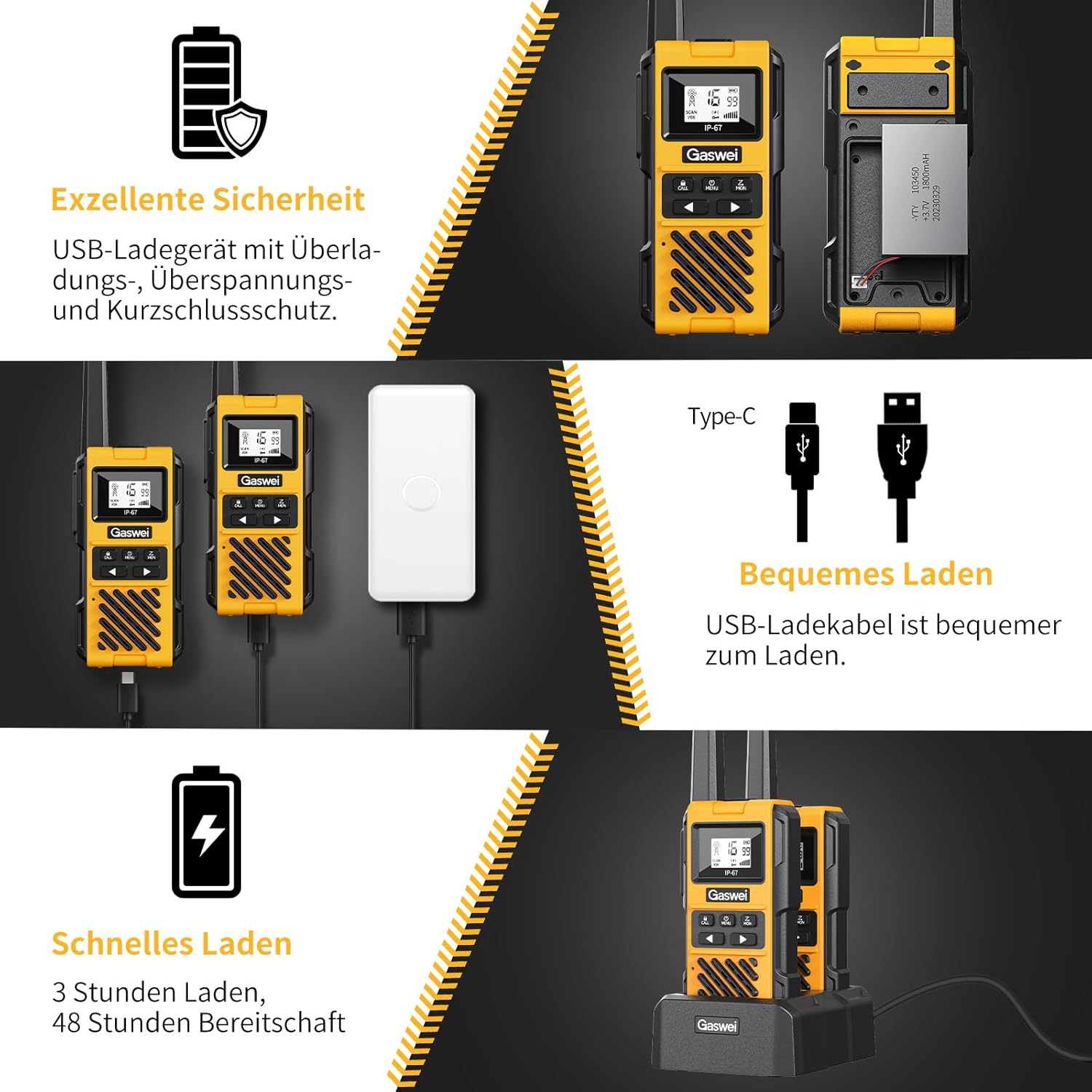 Gaswei G1pro Hochleistungs-Langstrecken-Walkie-Talkies für Erwachsene, wiederaufladbare Notfallfunkgeräte, 16-Kanal-Walkie-Talkie mit Lithium-Ionen-Akku, IP67 wasserdicht, 4 Stück – Bild 8