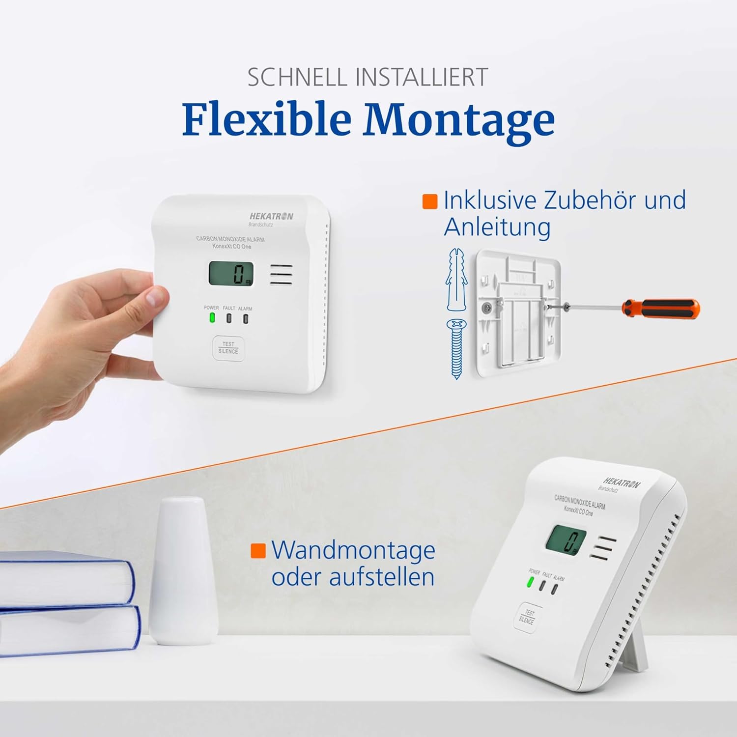 Hekatron KonexXt CO One Kohlenmonoxidmelder, 10-Jahres-Batterie | CO-Melder mit übersichtlichem Display und Testalarmknopf, einfache Installation – Bild 4
