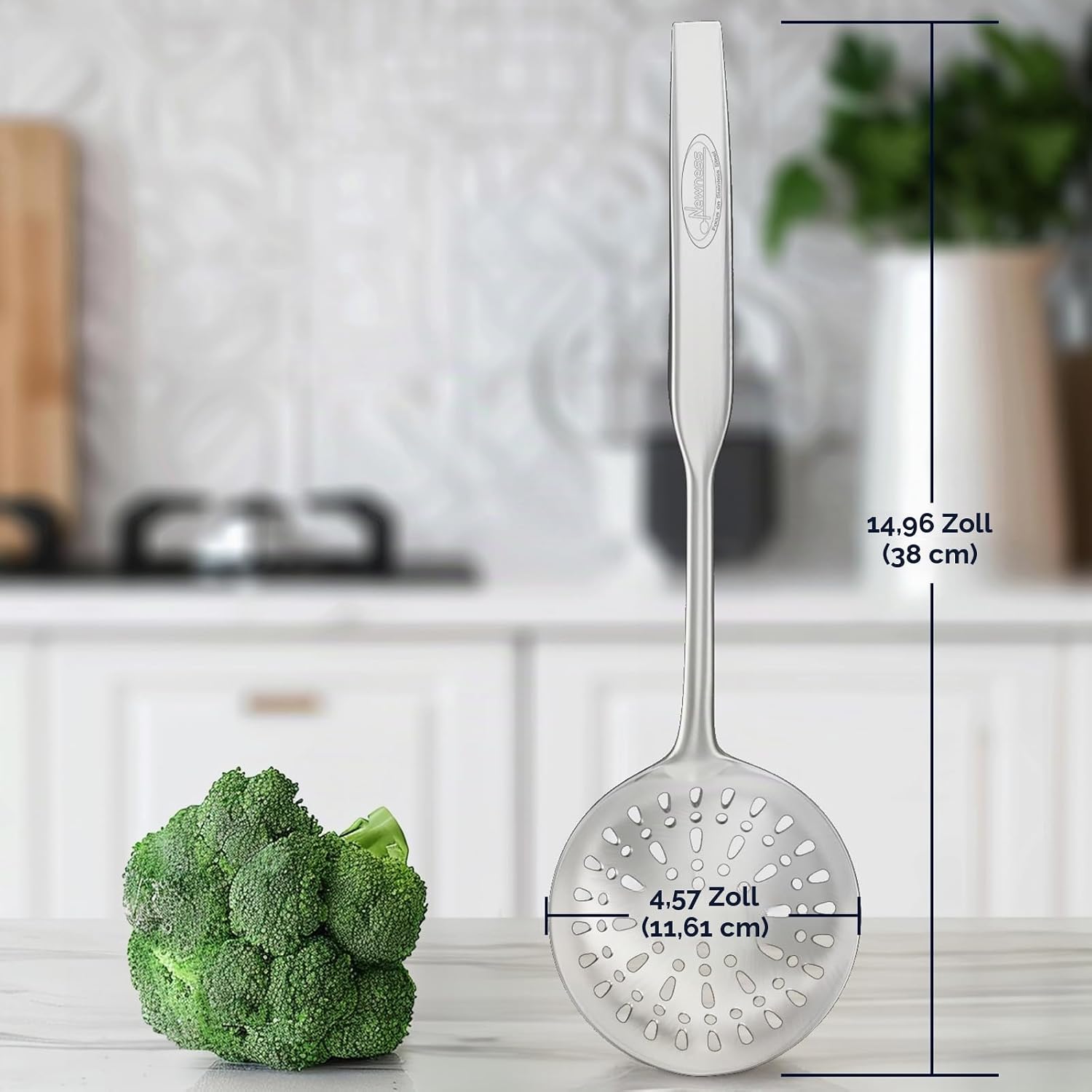 Schälkelle Schaumlöffel, (rostfrei, einteilig geformt, langlebig) Neuheit Schaumlöffel aus Edelstahl 304 mit Vakuum-ergonomischem Griff, Siebkelle mit komfortablem Griffdesign für die Küche, 38 cm – Bild 2