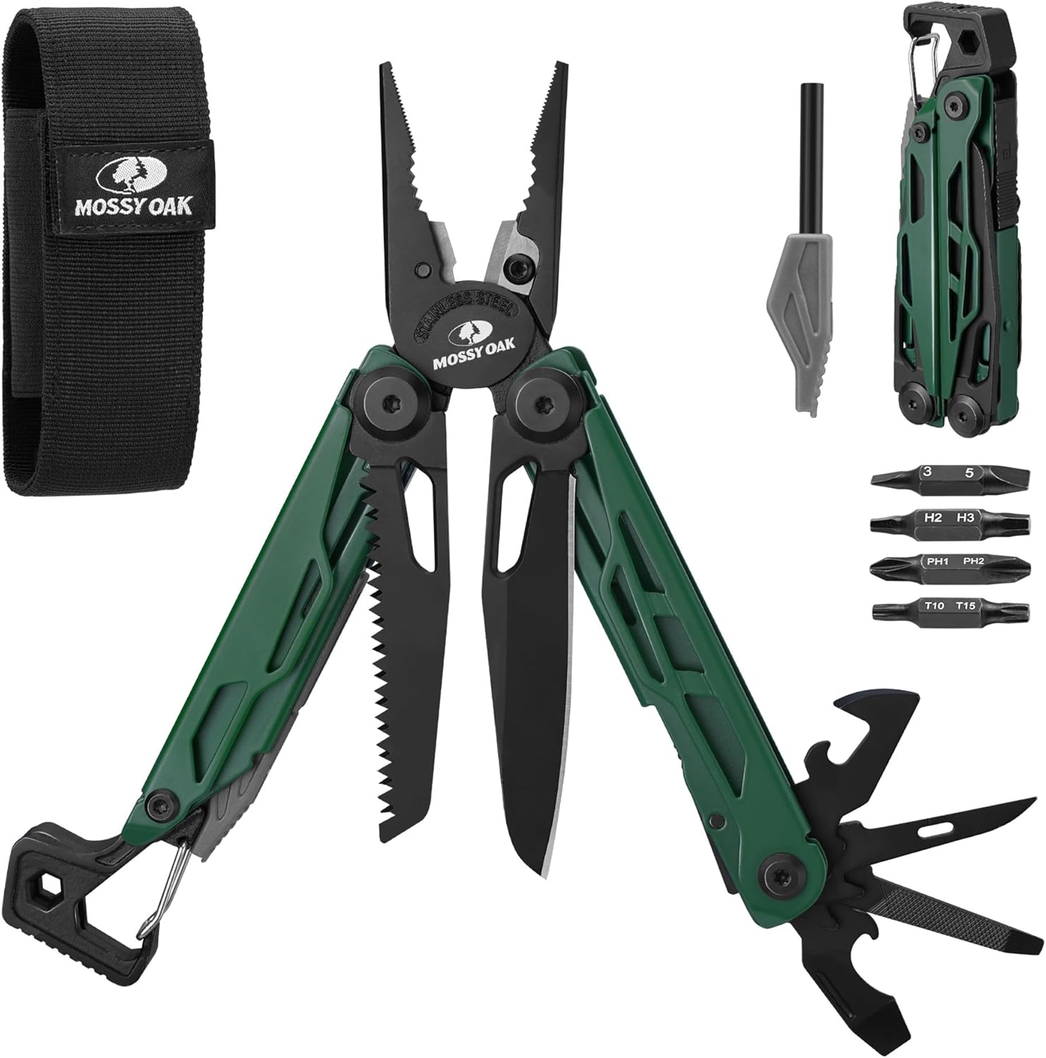 Mossy Oak Multifunktionszange, 27-in-1 Multitool-Werkzeug, faltbares Edelstahl-Multifunktionswerkzeug, Multifunktionszange mit 4 Bits, Messer, zum Wandern, Camping, Reparieren mit Tragetasche, Grün | Inklusive Messer, Feueranzünder, Pfeife, Flaschenöffner und Schraubenzieher für Camping, Wandern und Outdoor-Abenteuer